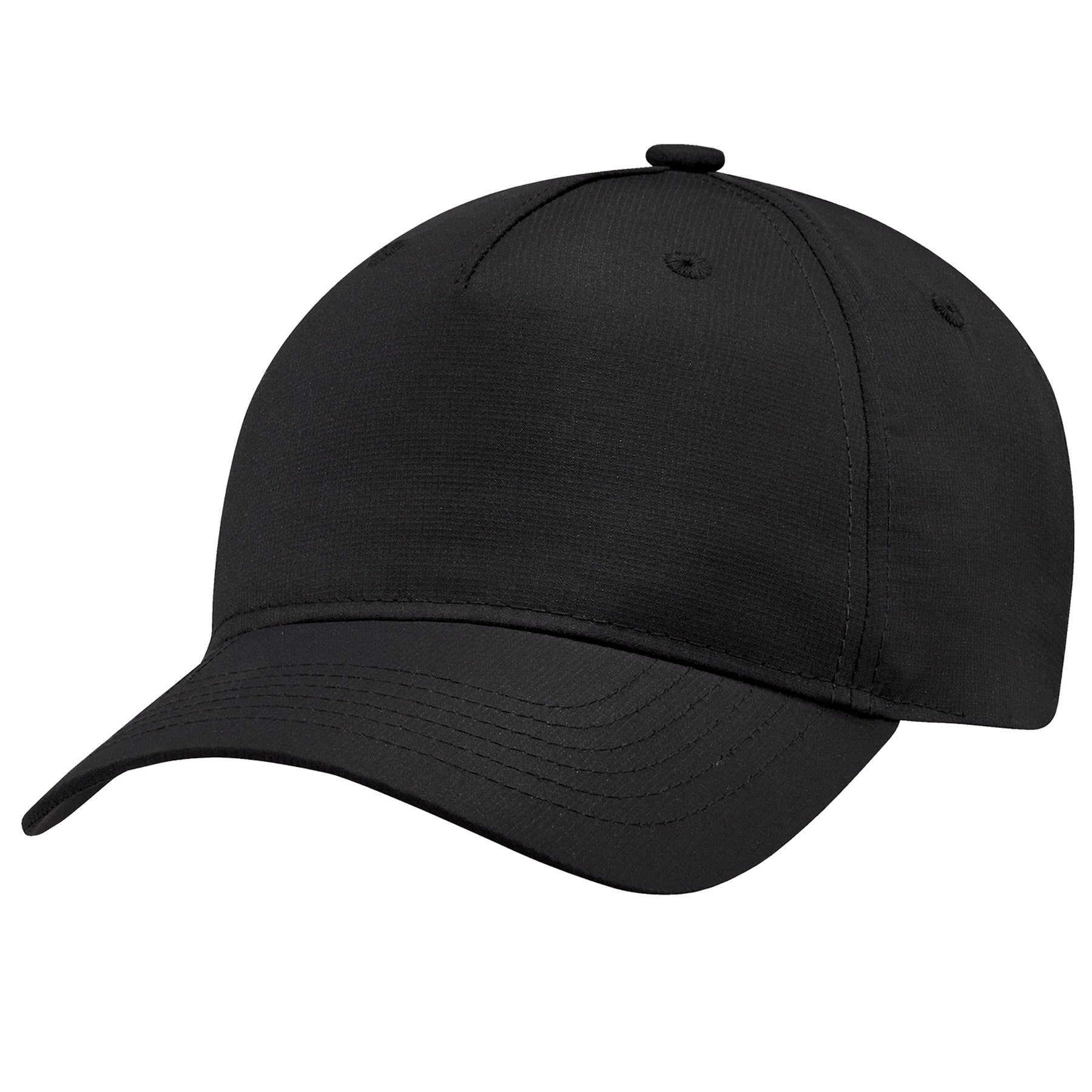 AJM women's 5-panel constructed hat in black made from polycotton and polyester mesh.