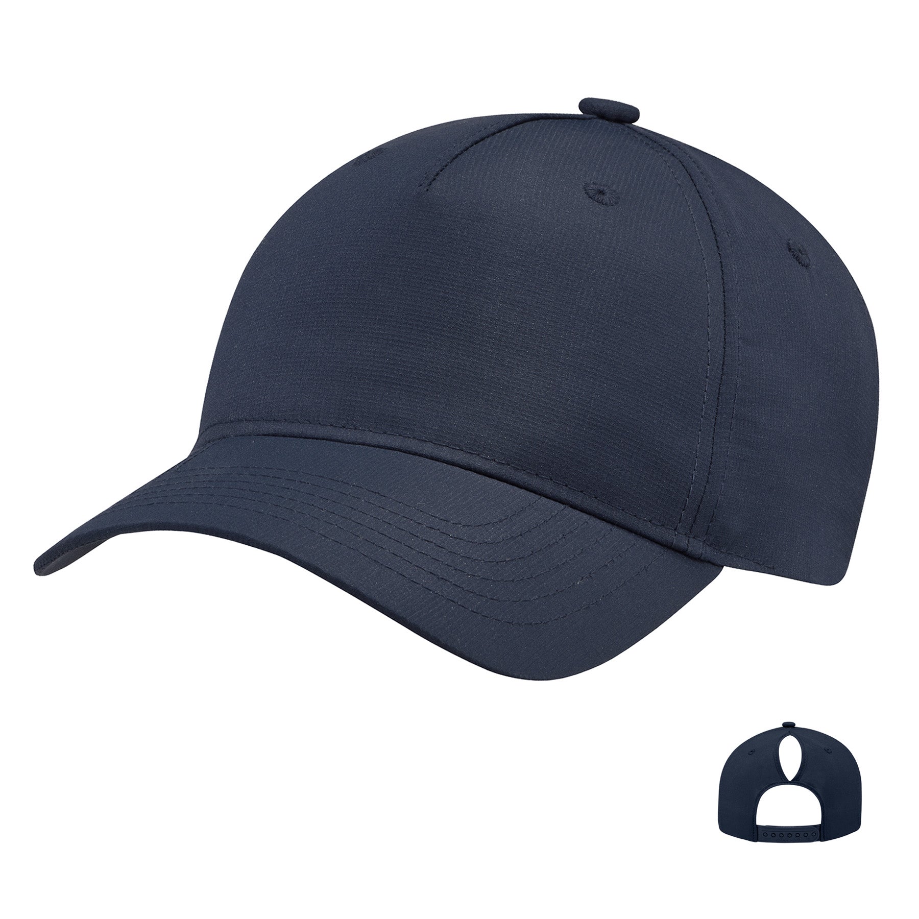 AJM women's 5-panel navy baseball cap with a ponytail opening in the back.
