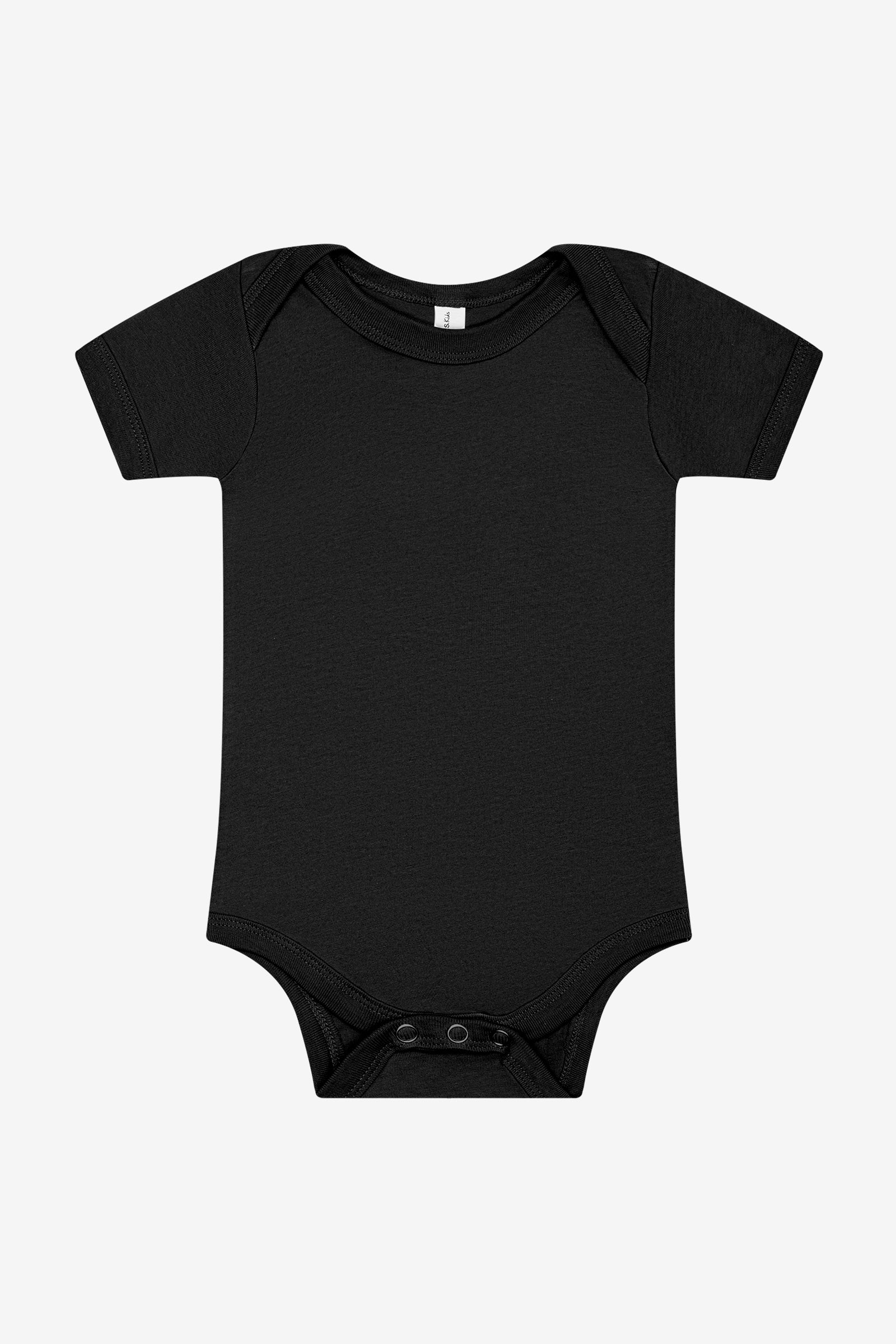 Bella+Canvas Infant Jersey Short Sleeve One Piece in black, featuring a simple round neckline and bottom snap closure.