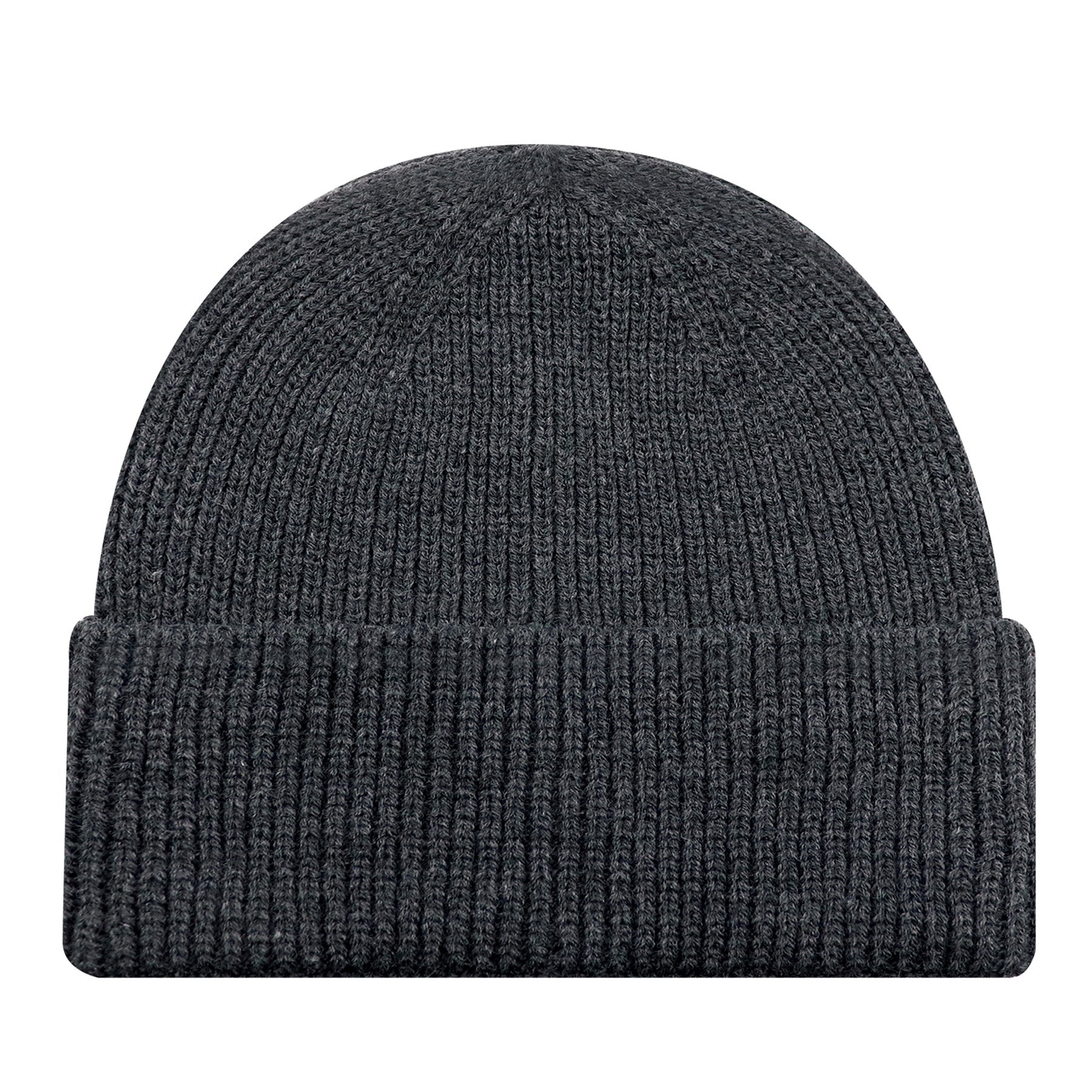 Charcoal AJM acrylic cuff toque featuring ribbed knit texture and flat seams.