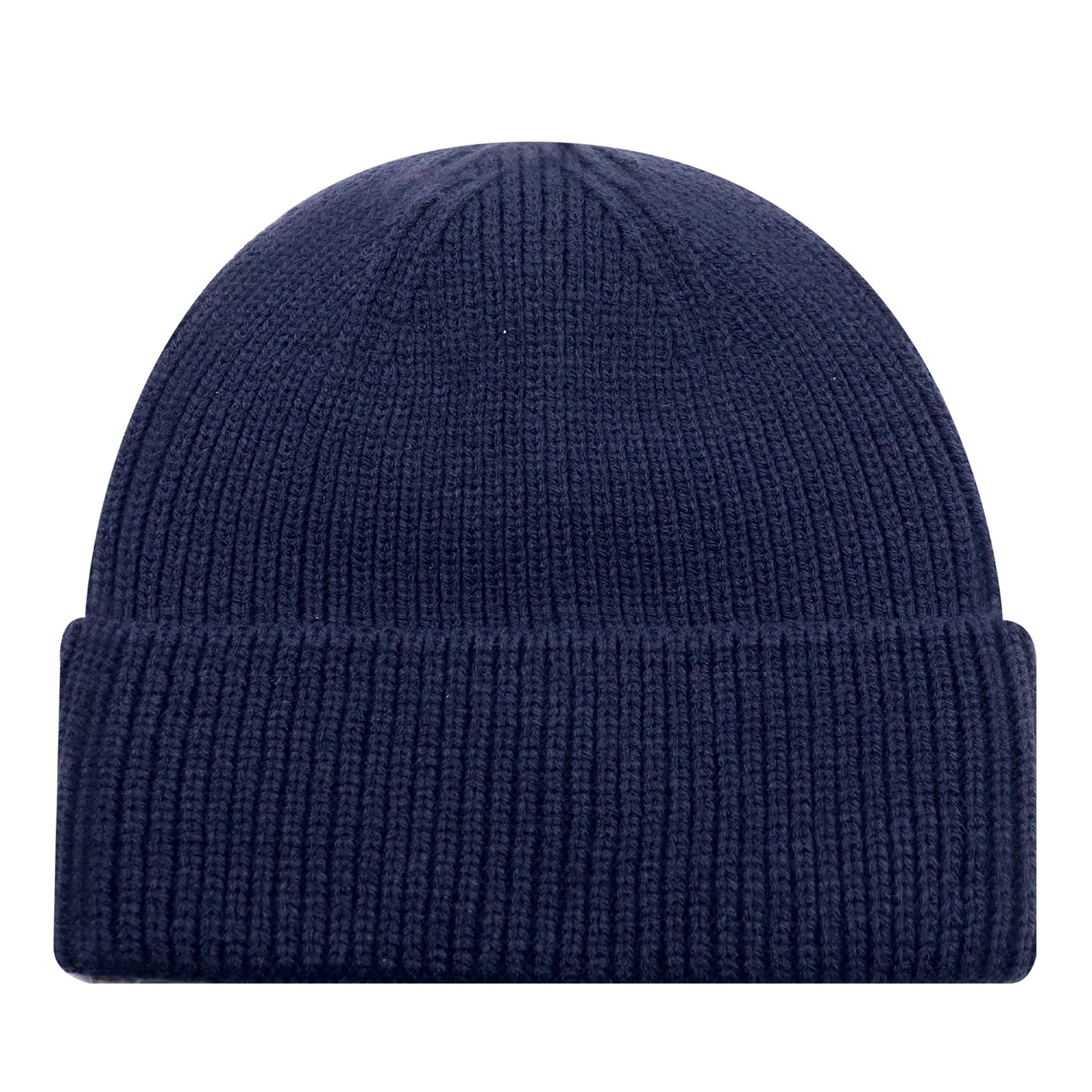 Navy AJM Acrylic Cuff Toque with flat seams and a ribbed knit texture.