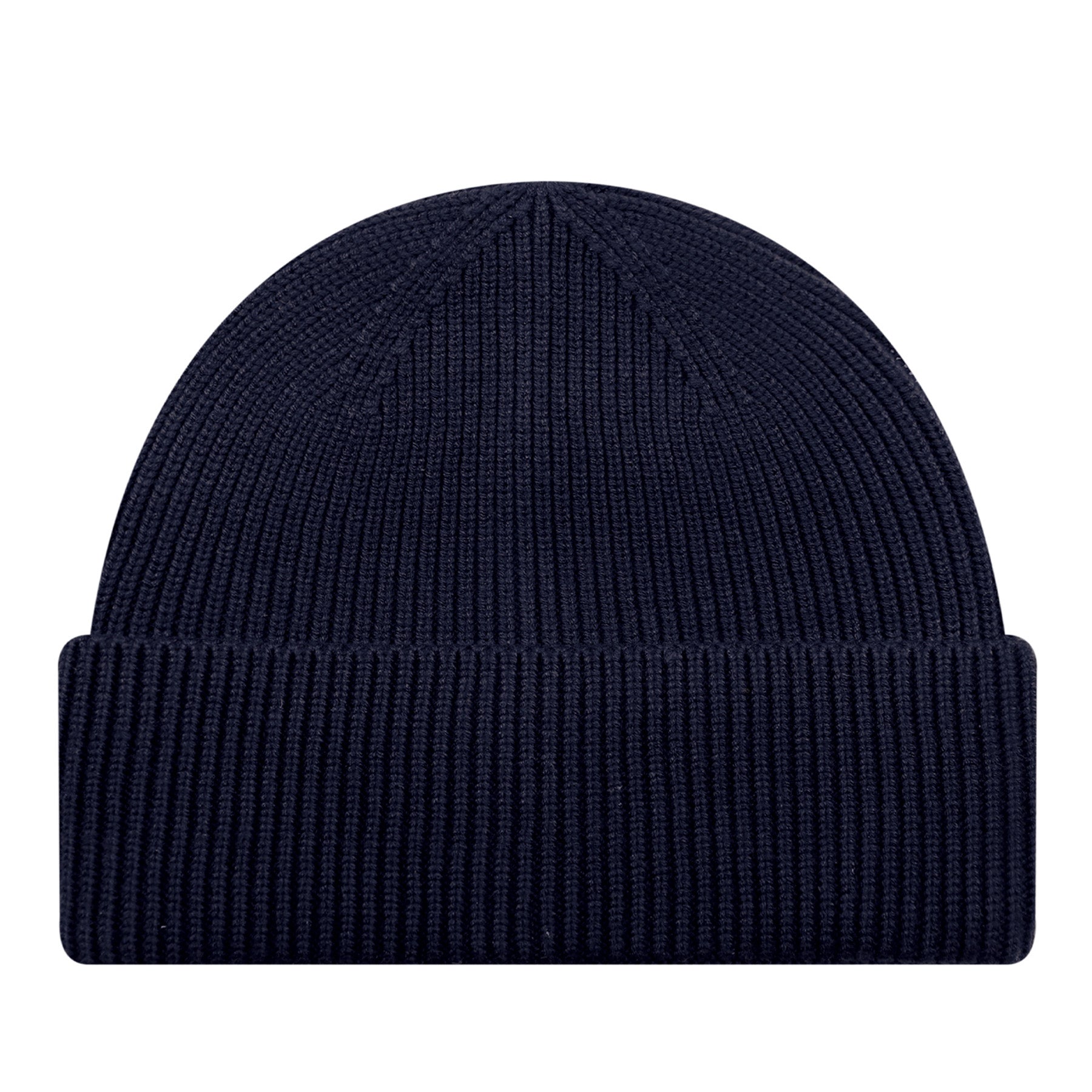 AJM Premium Tri-Blend cuff toque in navy featuring a classic ribbed knit design with flat seams.