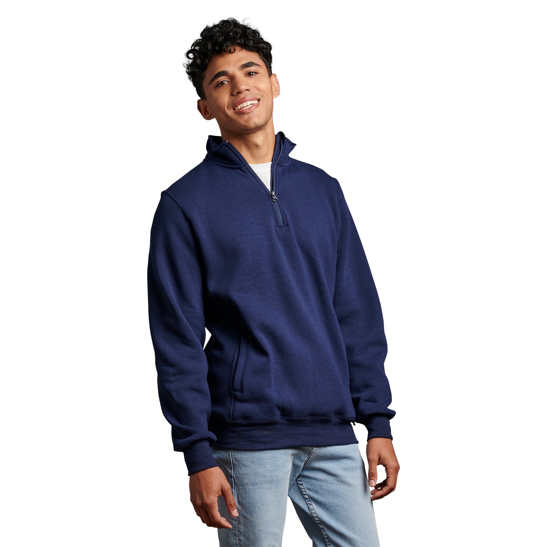 A smiling man wearing a navy Russell Athletic DRI-POWER Fleece Quarter-Zip Cadet.