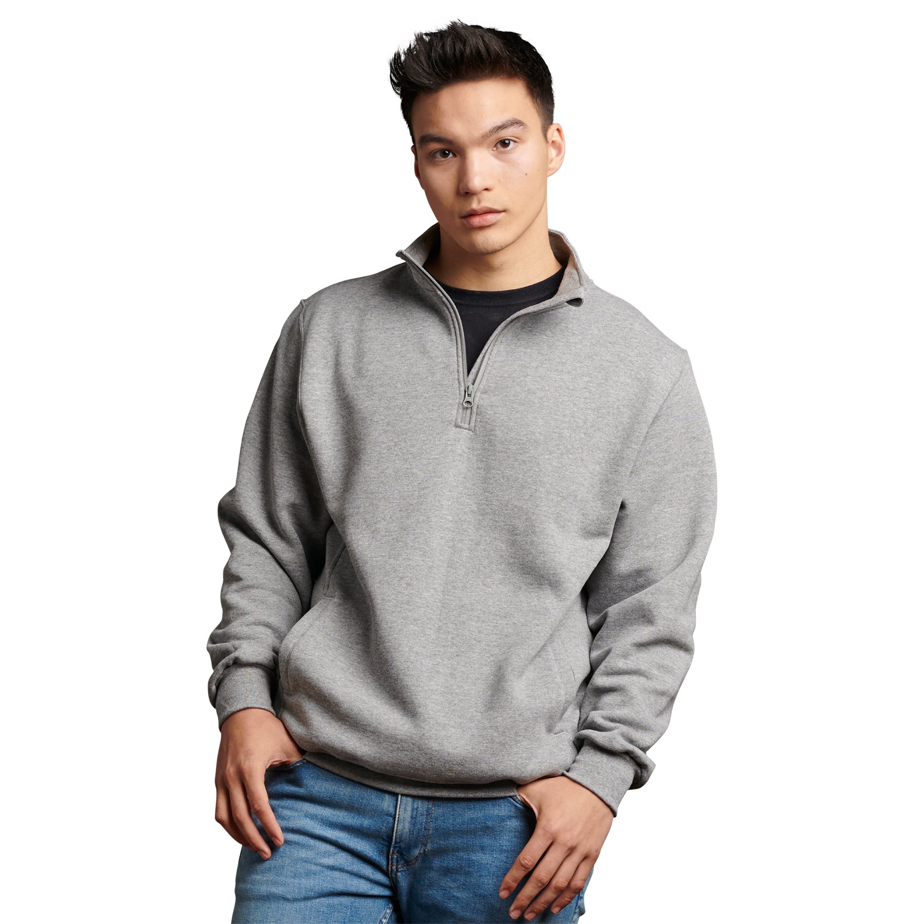 A young man wearing a grey Russell Athletic DRI-POWER Fleece Quarter-Zip Cadet in Oxford.