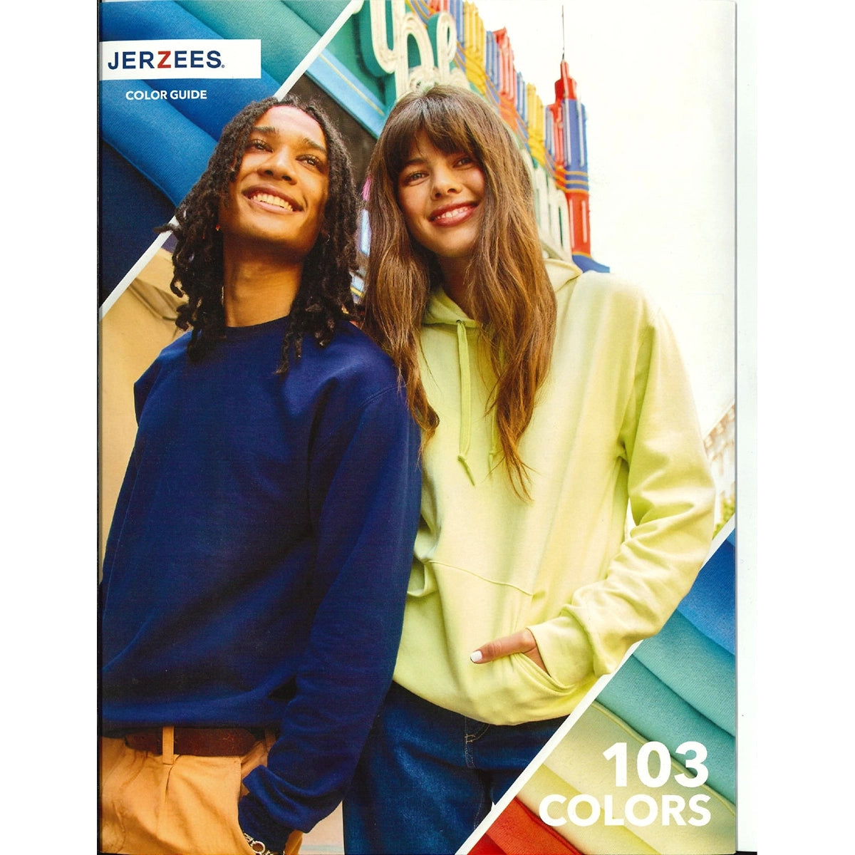 Jerzees 2025 Swatch Card featuring a man and woman wearing different colored hoodies. The top right corner shows the JERZEES Logo and text "Color guide". The bottom right corner shows the text "103 available colors"