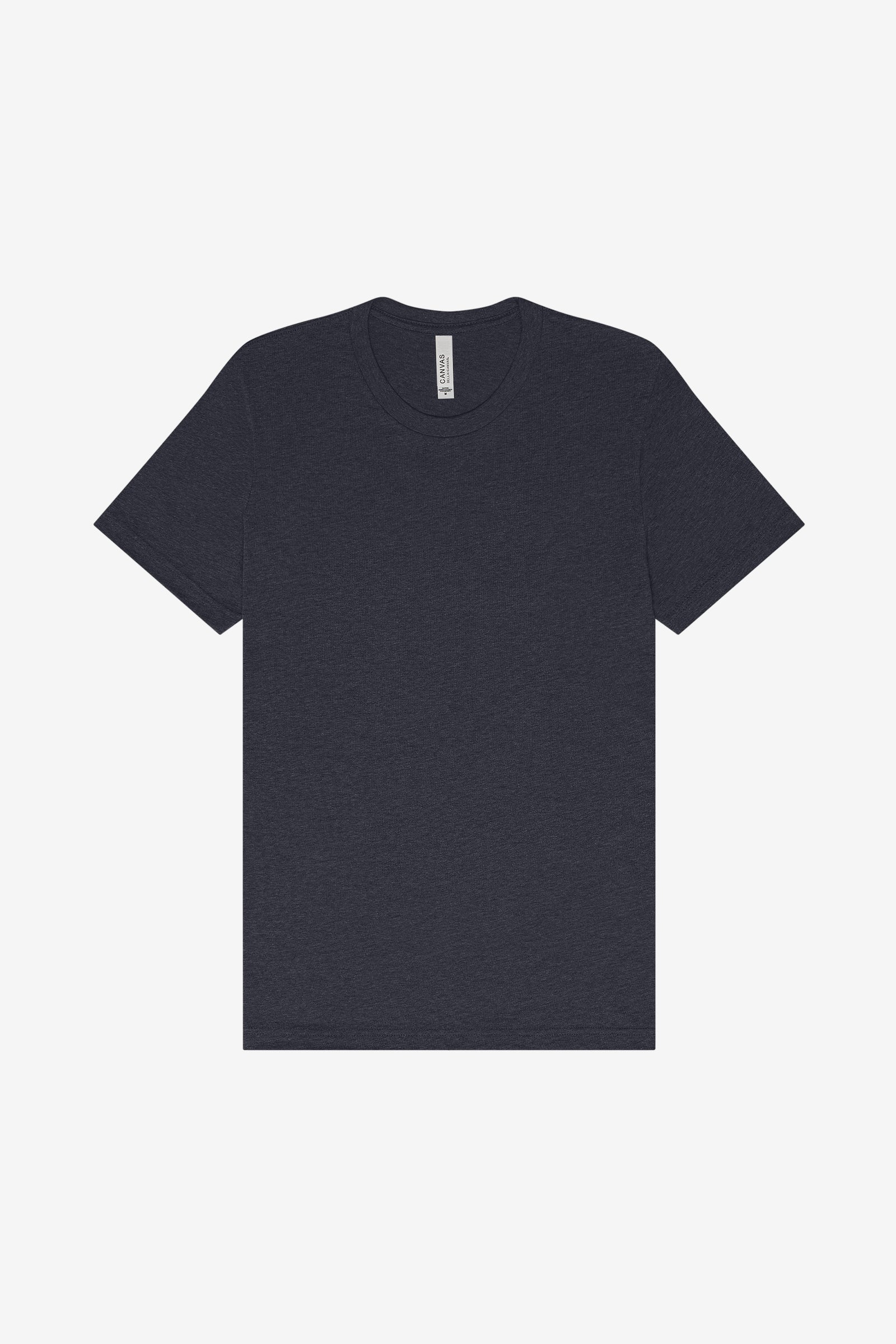 Bella+Canvas Unisex Heather CVC Short Sleeve Tee in heather navy color flat-lay against a white background.