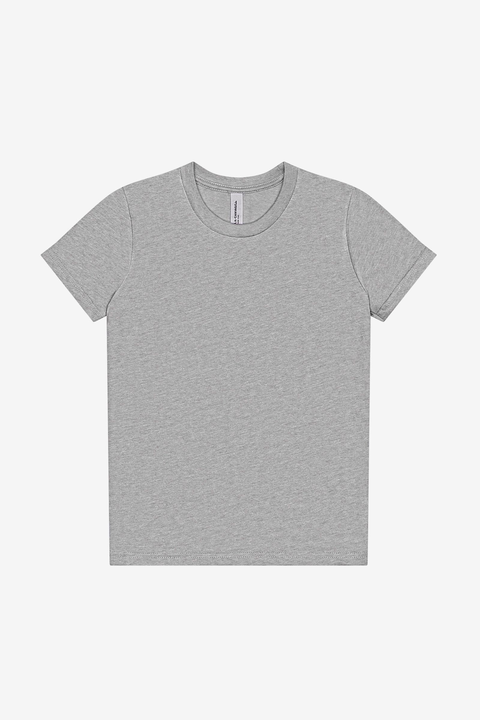 Bella+Canvas Youth Heather CVC Short Sleeve Tee in Athletic Heather, a plain gray crewneck t-shirt.