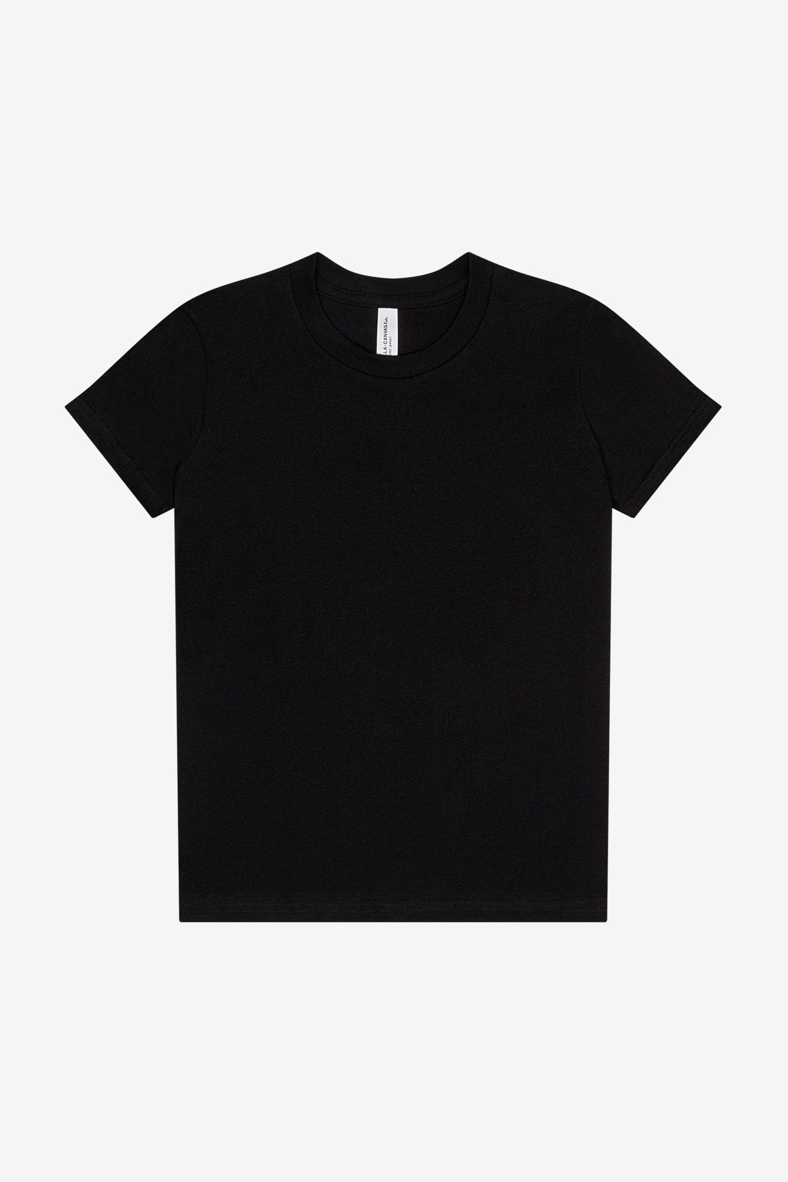Bella+Canvas Youth Jersey Short Sleeve Tee in black, shown as a simple, classic crew neck shirt.