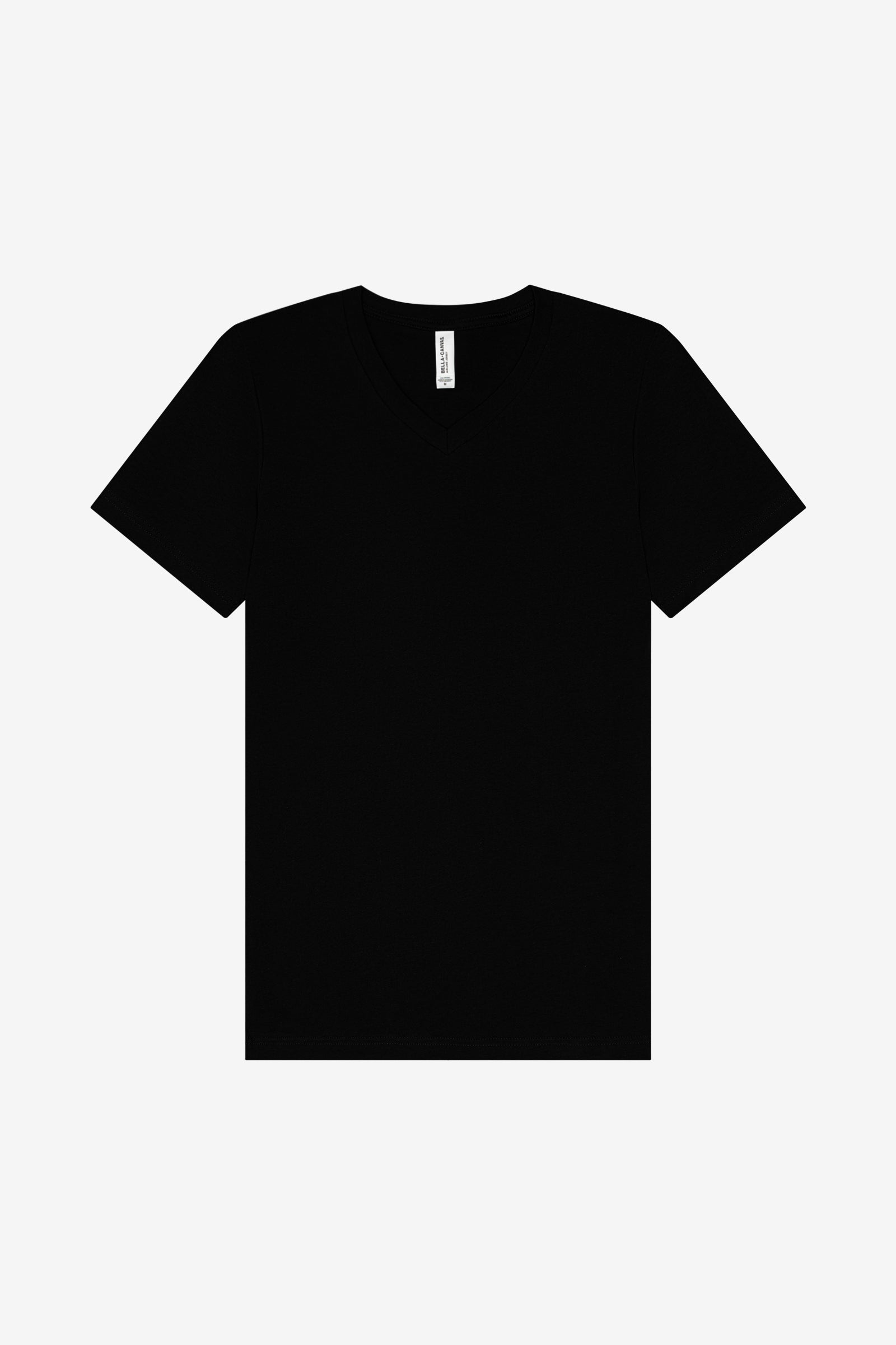 Bella+Canvas Unisex Jersey Short Sleeve V-Neck Tee in black shown as a flat lay product image.