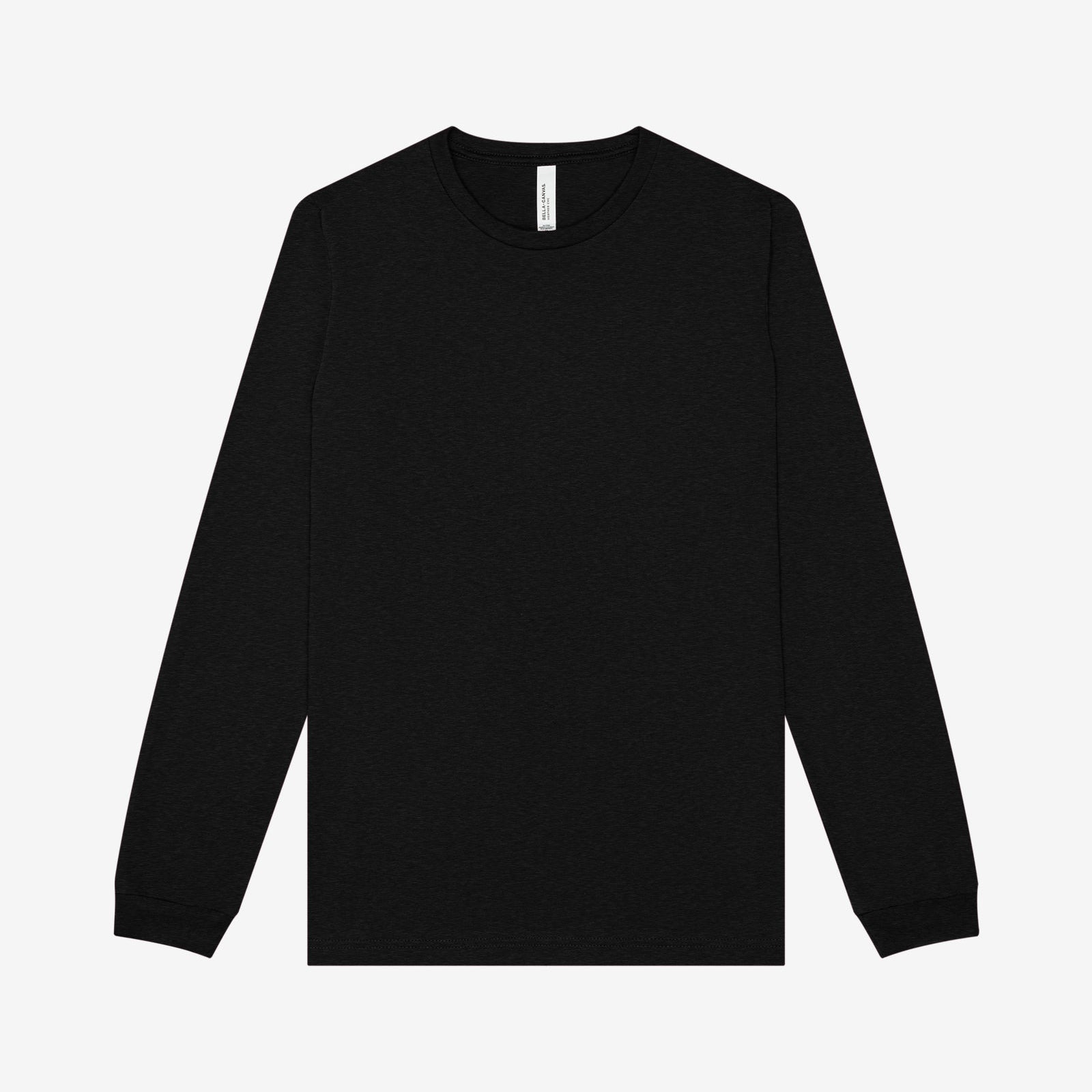 Bella+Canvas Unisex Heather CVC Long Sleeve Tee in black heather viewed from the front.