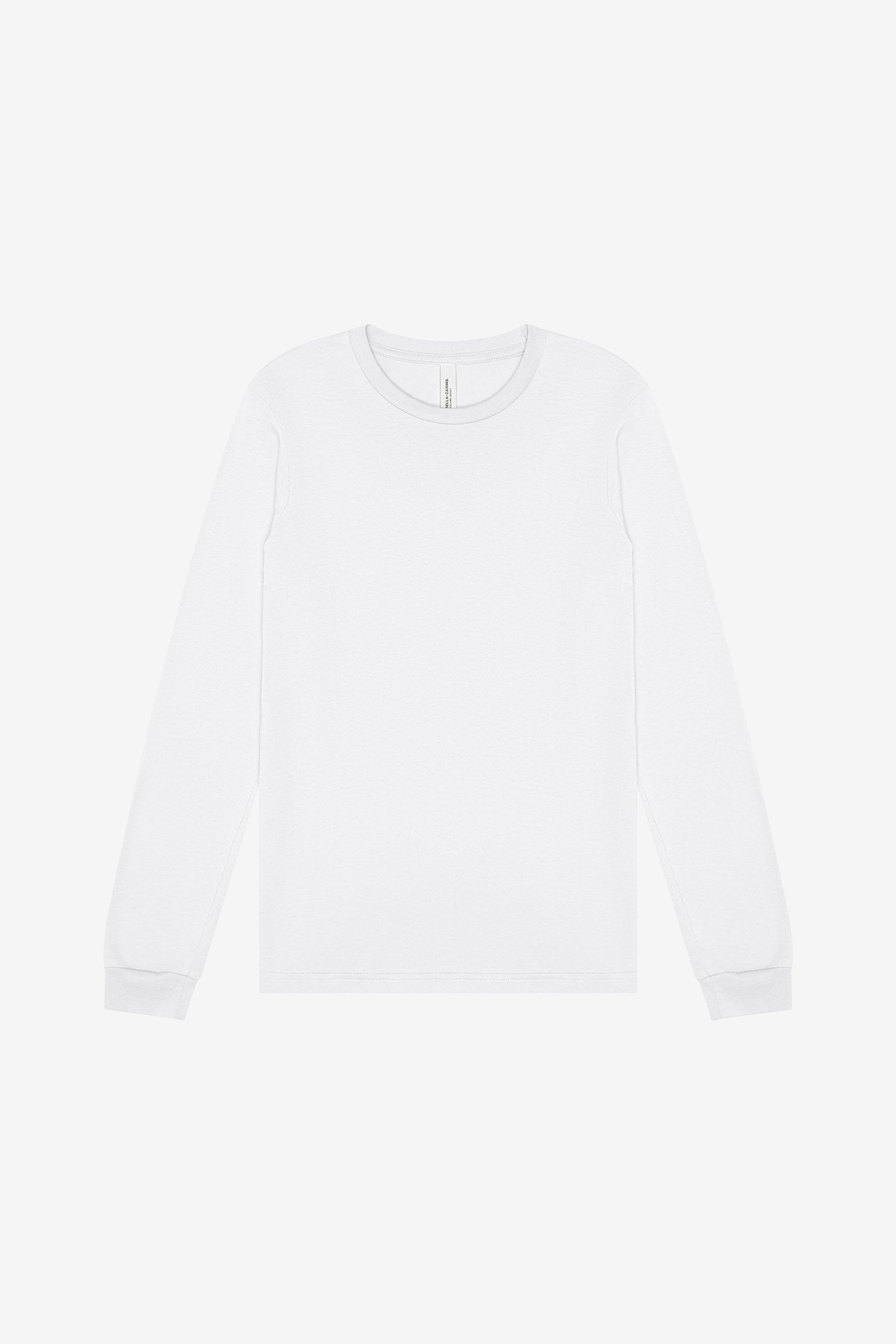 Bella+Canvas Unisex Jersey long sleeve tee in white, front view of a plain crew neck shirt.