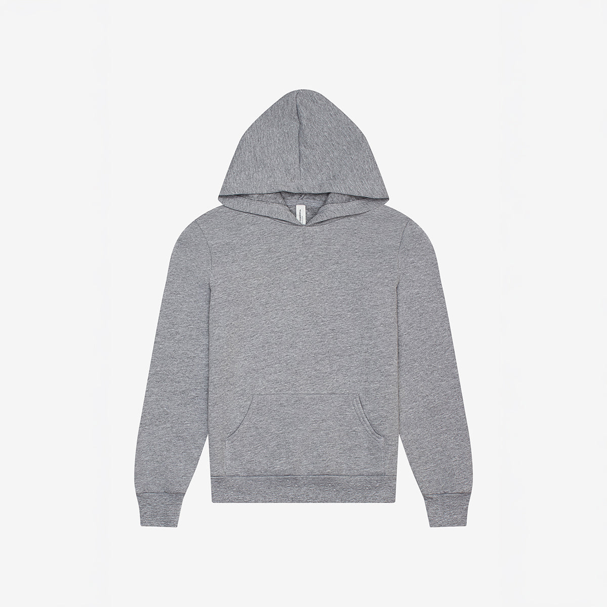 Bella+Canvas youth athletic heather poly-cotton fleece pullover hoodie front view.