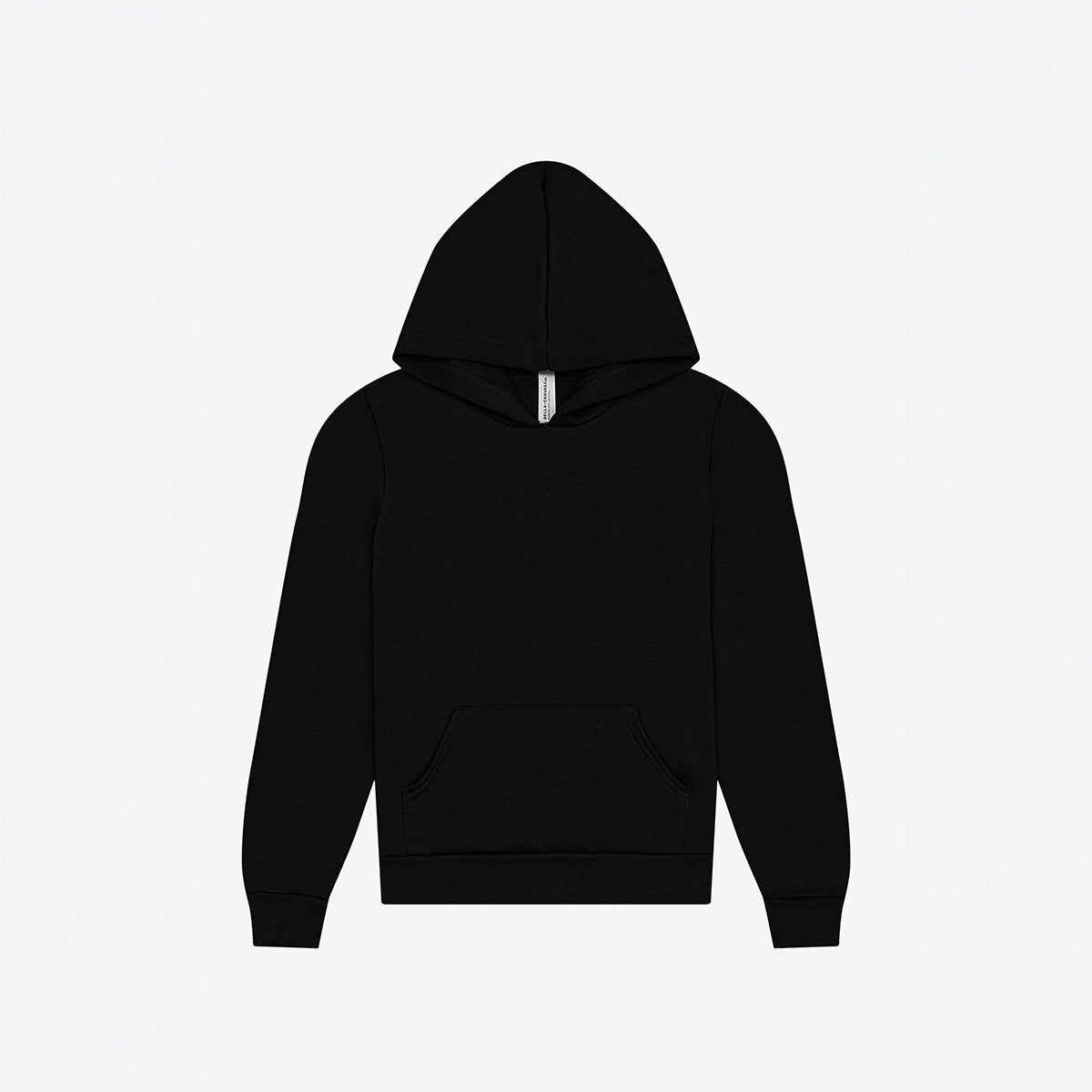 Bella+Canvas Youth Poly-Cotton Fleece Pullover Hoodie in black displayed against a white background.