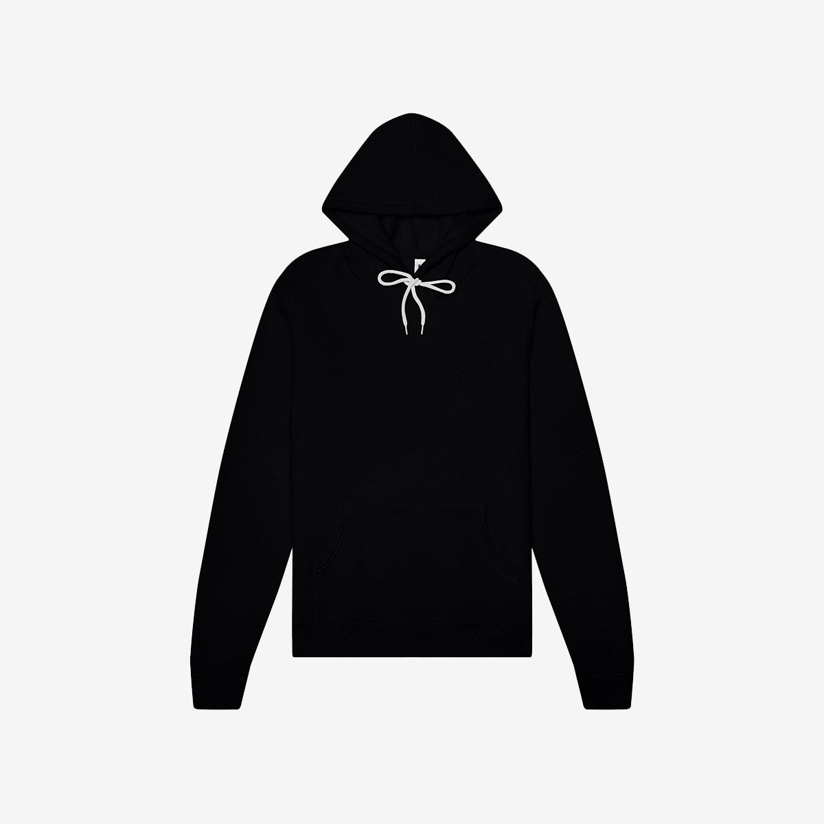 Bella+Canvas Unisex Poly-Cotton Fleece Pullover Hoodie in black with a white drawstring and front kangaroo pocket.