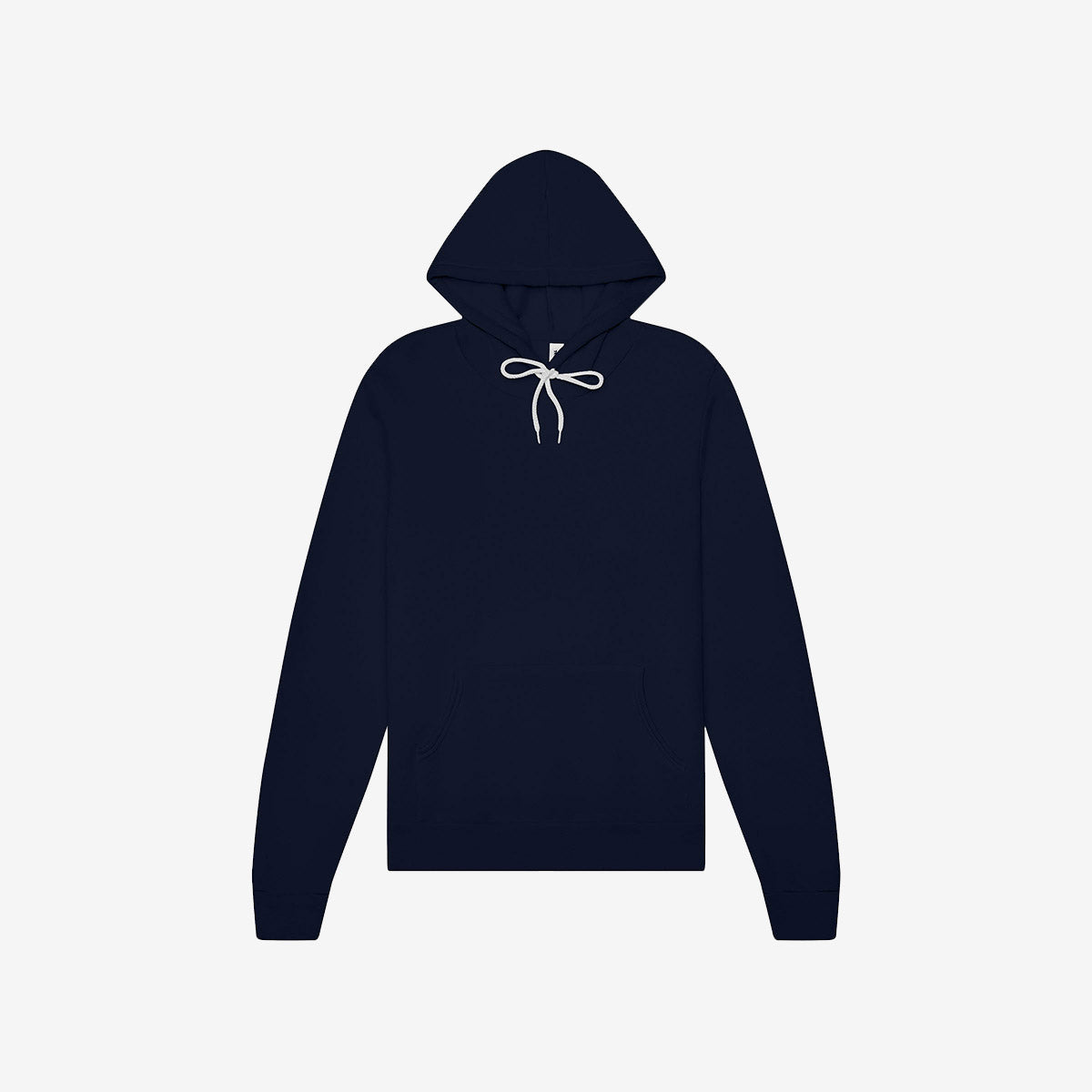 Bella+Canvas Unisex Poly-Cotton Fleece Pullover Hoodie in navy blue with a white drawstring.