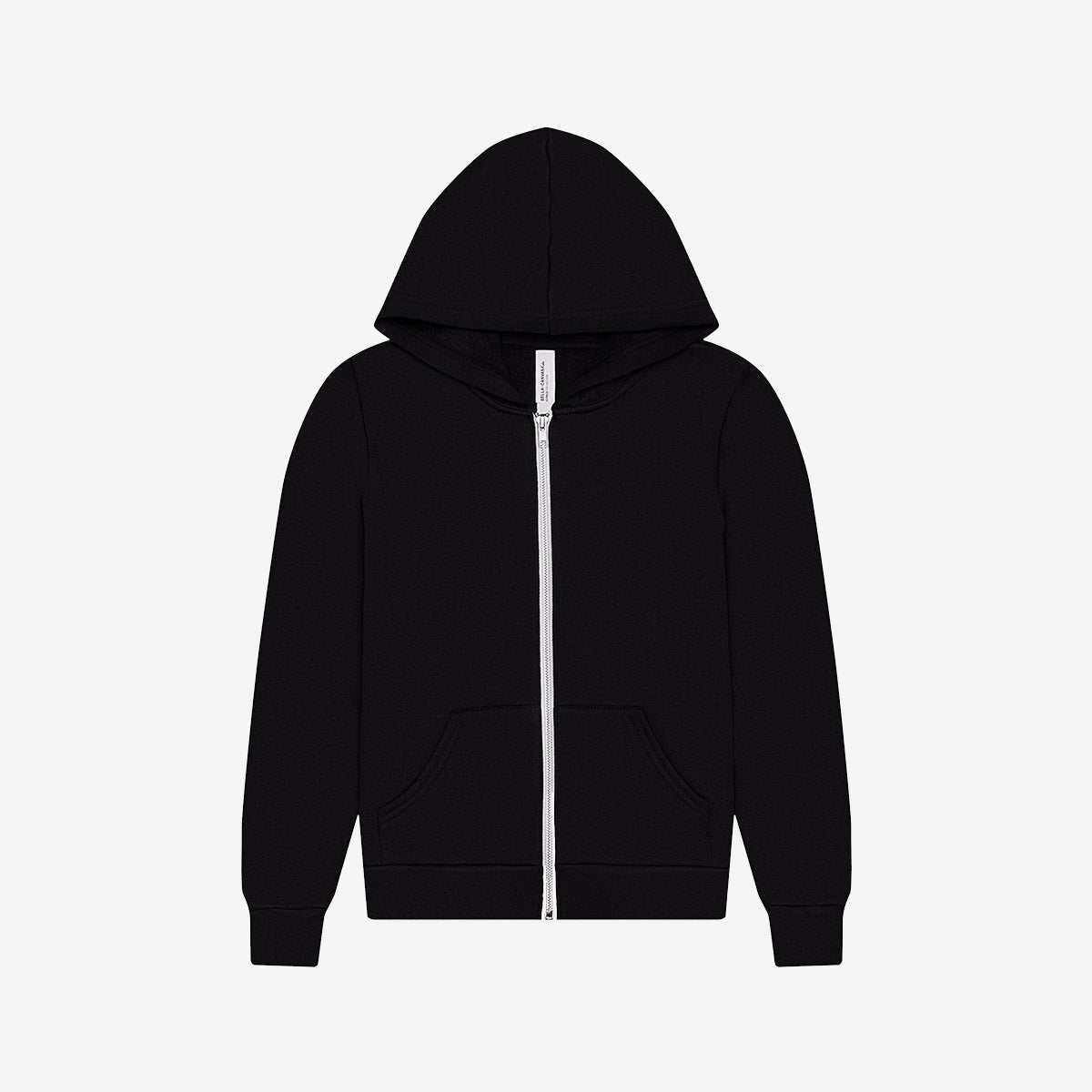 Bella+Canvas Youth Poly-Cotton Fleece Full-Zip Hoodie in black featuring a white zipper.
