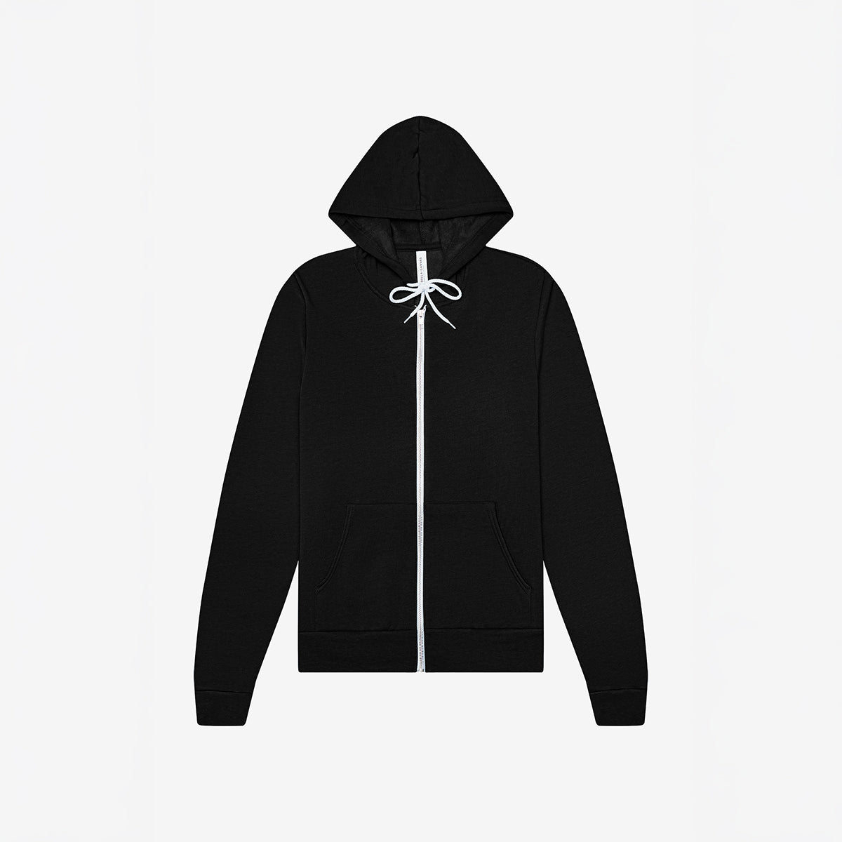 Bella+Canvas Unisex Poly-Cotton Fleece Full-Zip Hoodie in Black Heather with white drawstring and zipper detail.