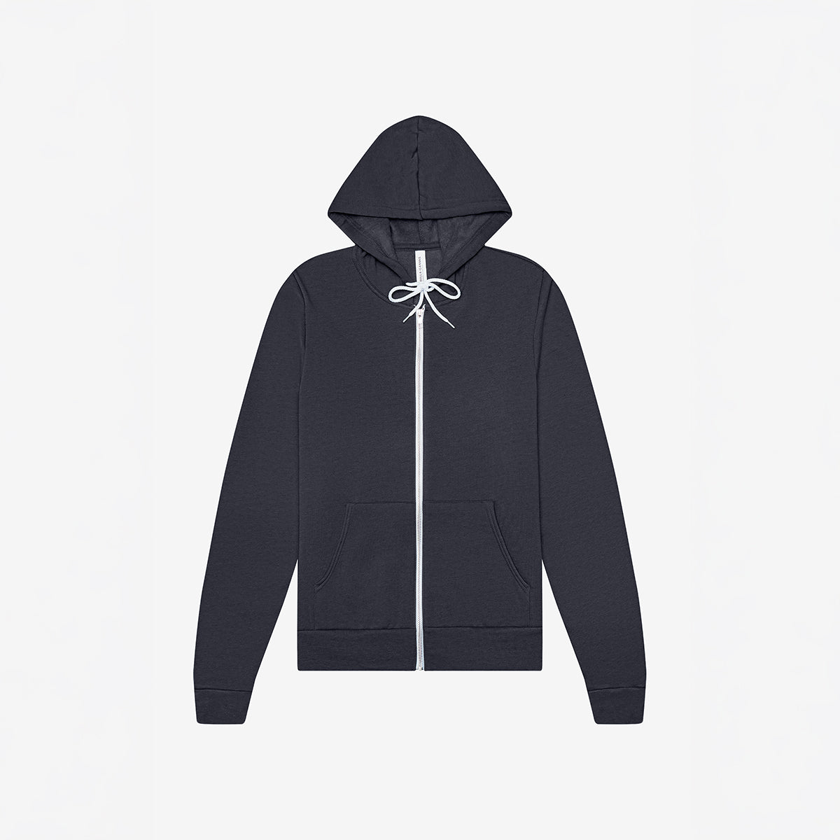 Bella+Canvas Unisex Poly-Cotton Fleece Full-Zip Hoodie in heather navy with a front zipper and white drawstrings.