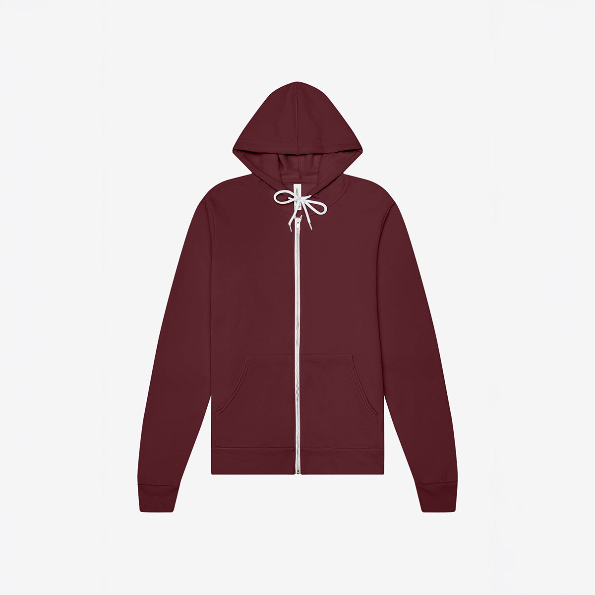 Bella+Canvas Unisex Poly-Cotton Fleece Full-Zip Hoodie in maroon featuring a white zipper and drawstring hood.