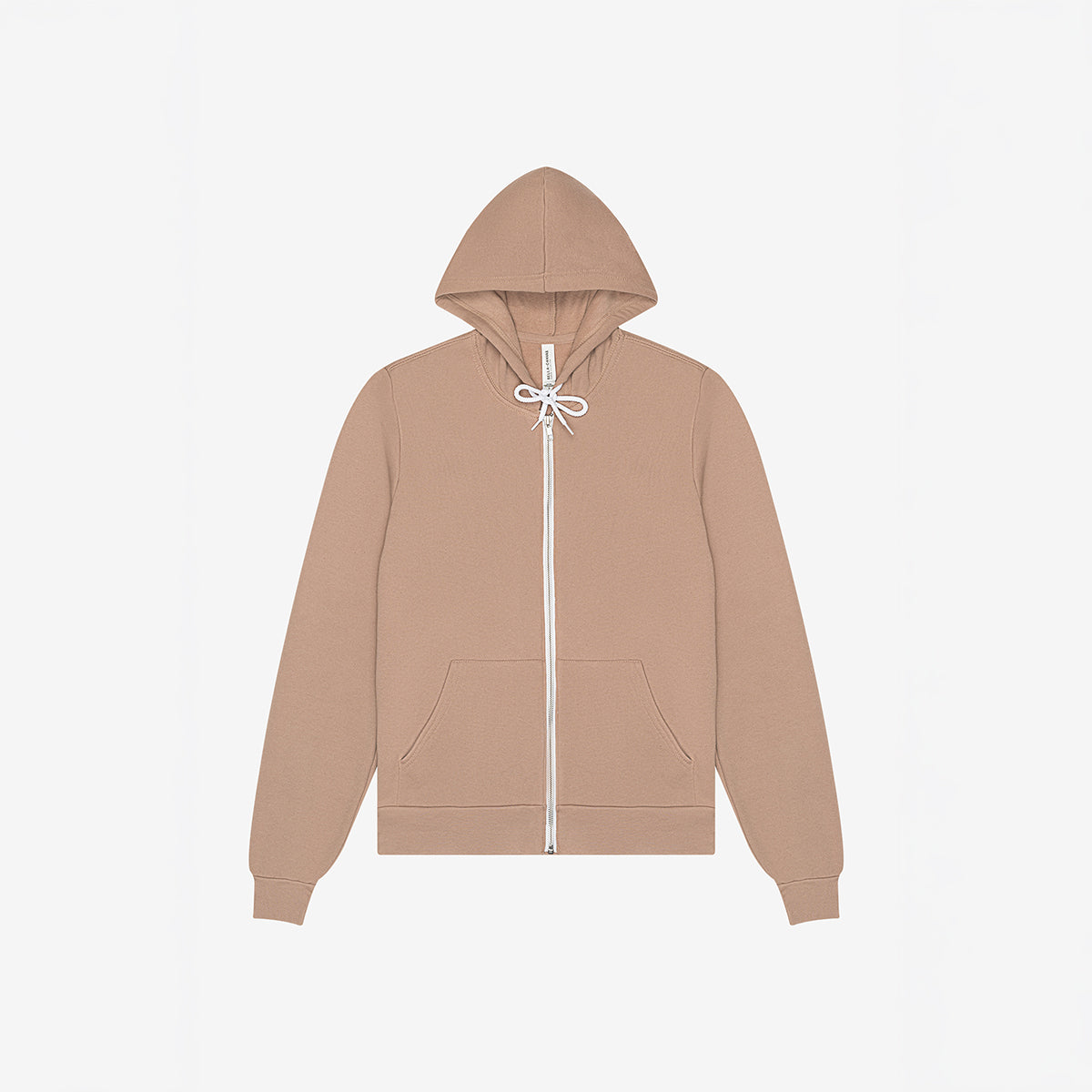 Bella+Canvas unisex poly-cotton fleece full-zip hoodie in tan with white drawstring and zipper.