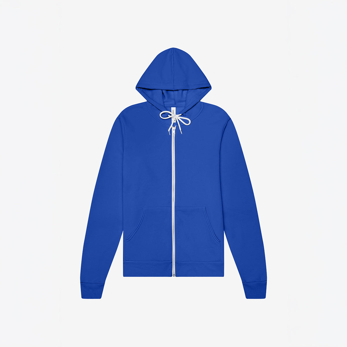 Bella+Canvas Unisex Poly-Cotton Fleece Full-Zip Hoodie in True Royal featuring a white zipper and drawstring.