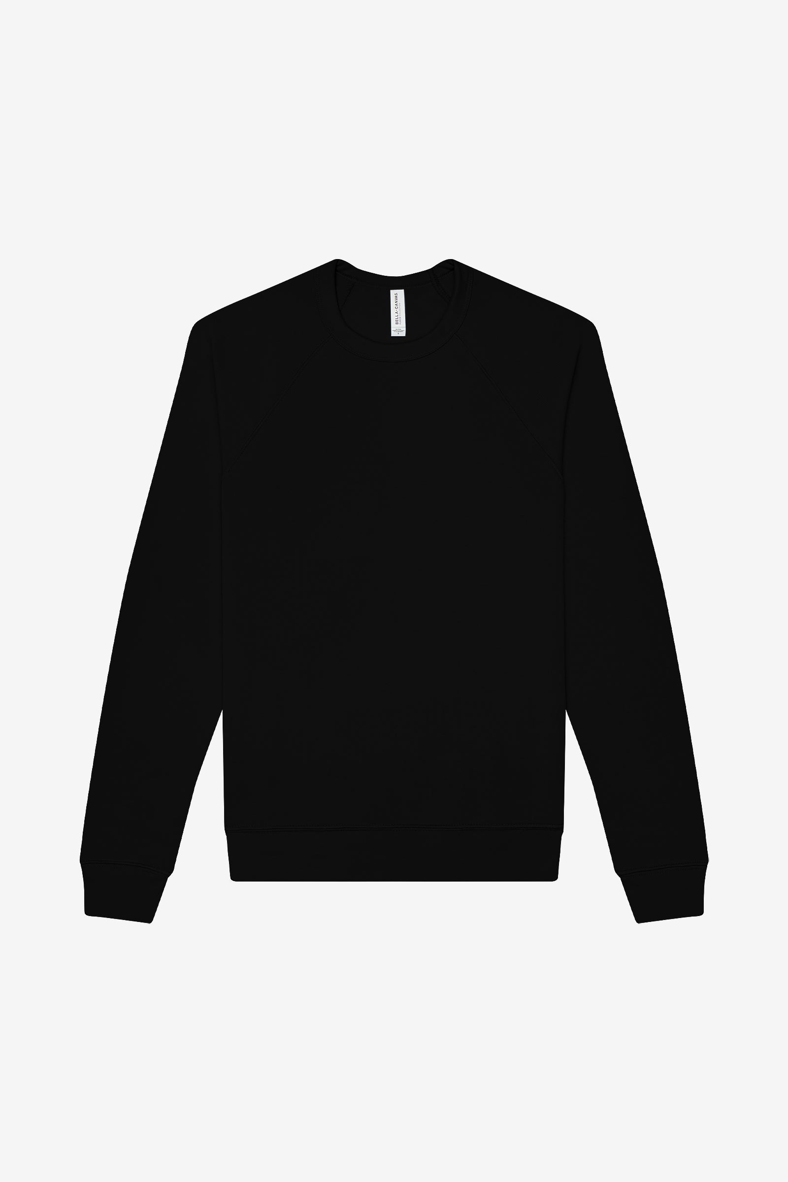 Bella+Canvas Unisex Poly-Cotton Fleece Raglan Sweatshirt in black, featuring a classic crew neck design.