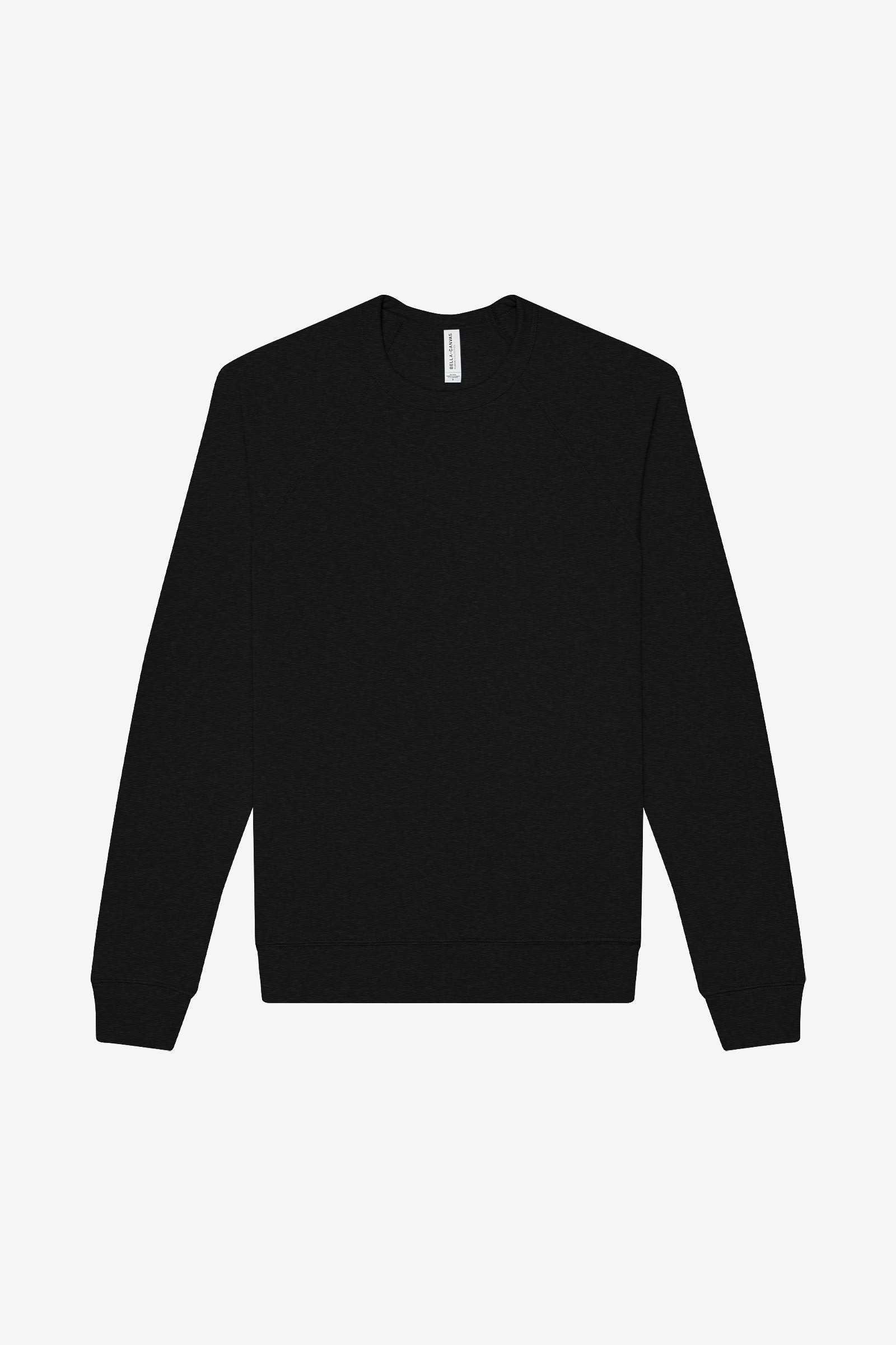 Bella+Canvas Unisex Black Heather poly-cotton fleece raglan sweatshirt against a plain white background.