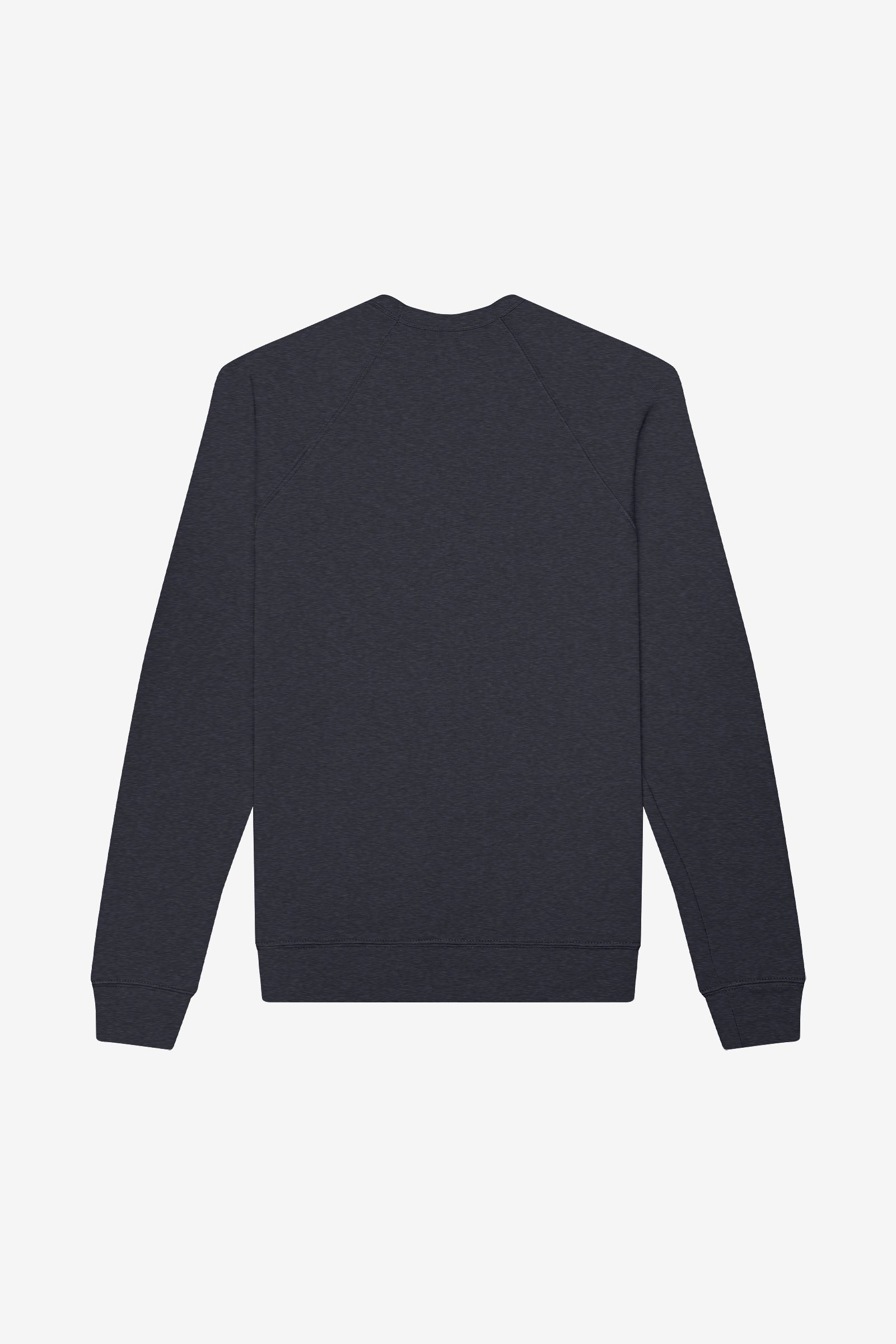 Back view of a Bella+Canvas Unisex Poly-Cotton Fleece Raglan Sweatshirt in heather navy.