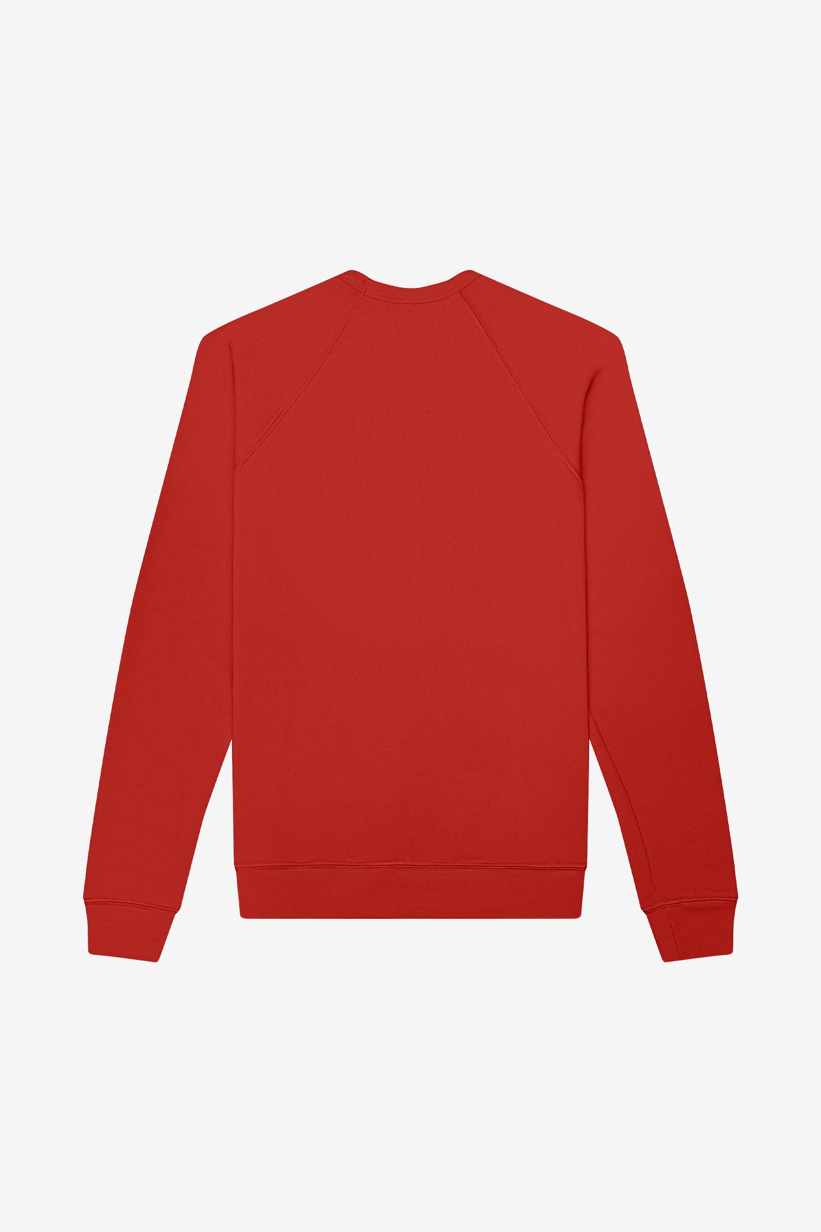 Back view of a red Bella+Canvas unisex poly-cotton fleece raglan sweatshirt.