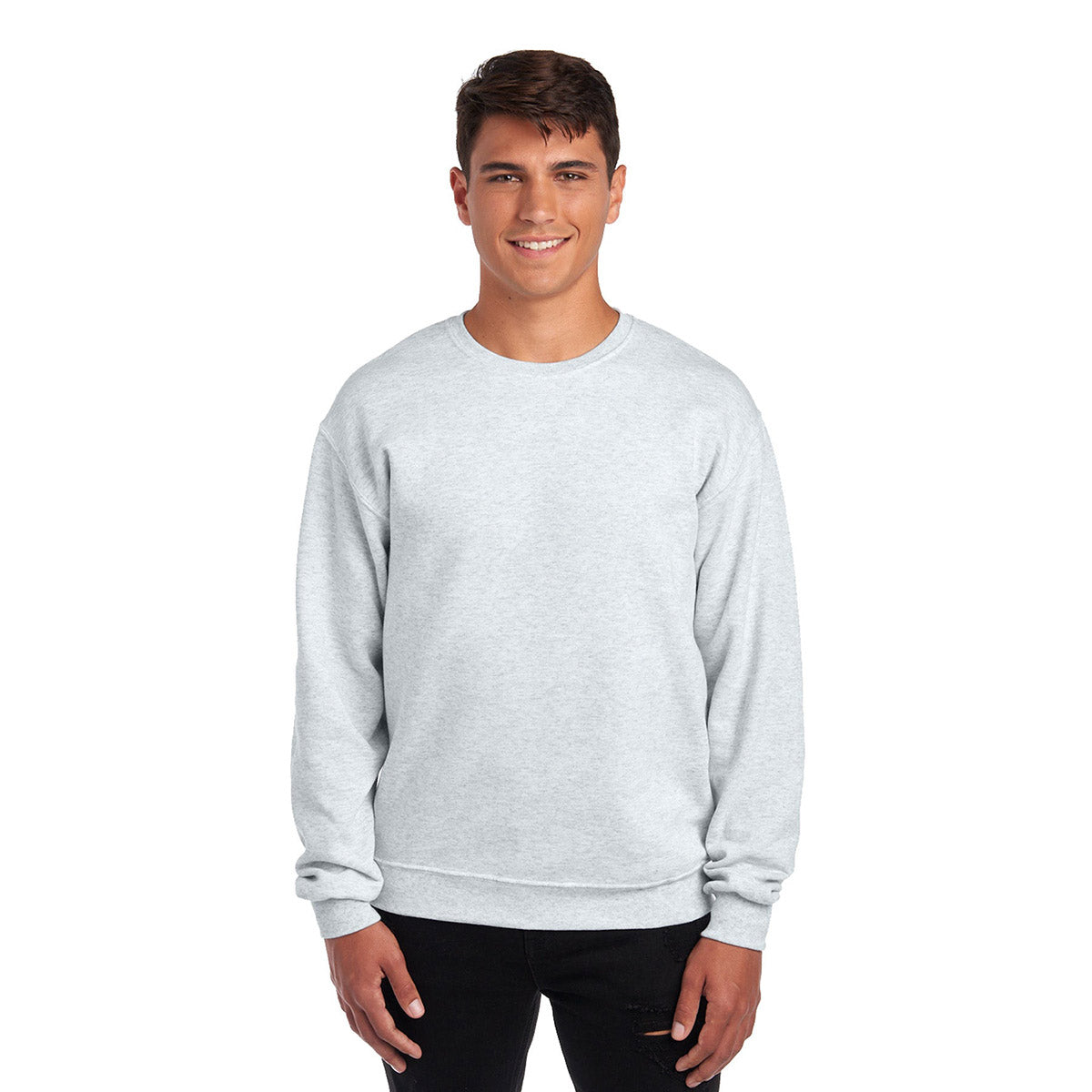 Man wearing a Jerzees NuBlend Adult Sweatshirt in ash gray, shown from the front against a white background.