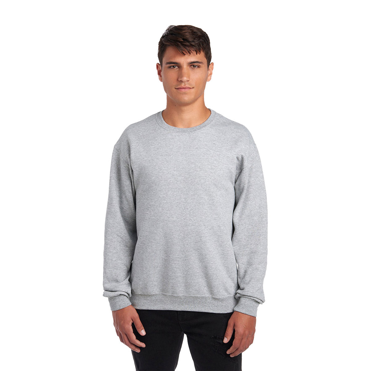 A man wearing an Athletic Heather Jerzees NuBlend® Adult Sweatshirt against a white background.