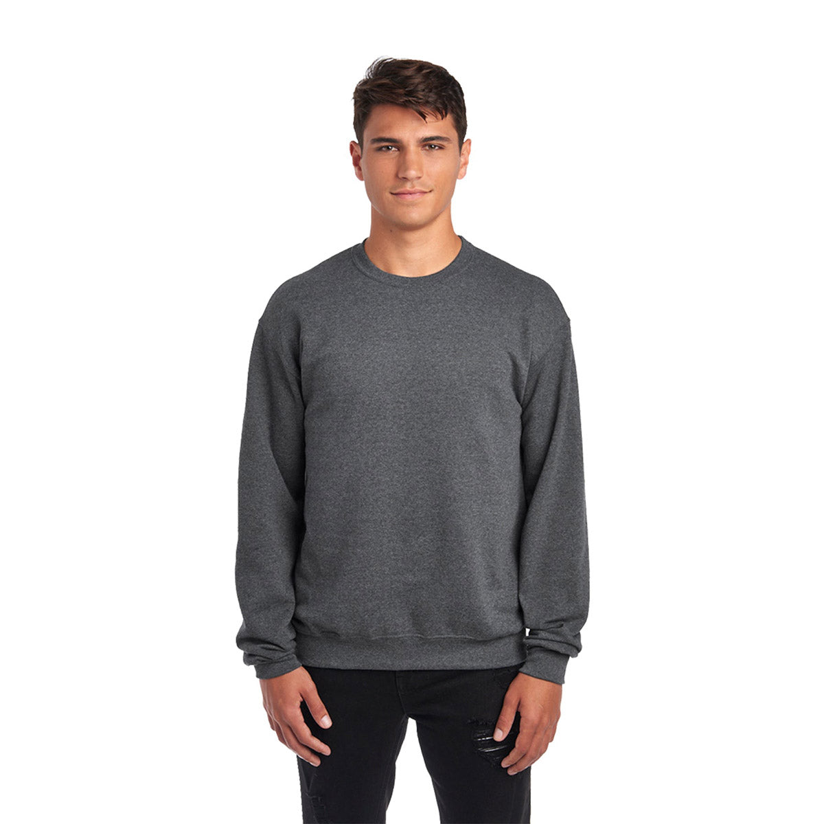 A man wearing a Jerzees NuBlend® Adult Sweatshirt in black heather against a white background.