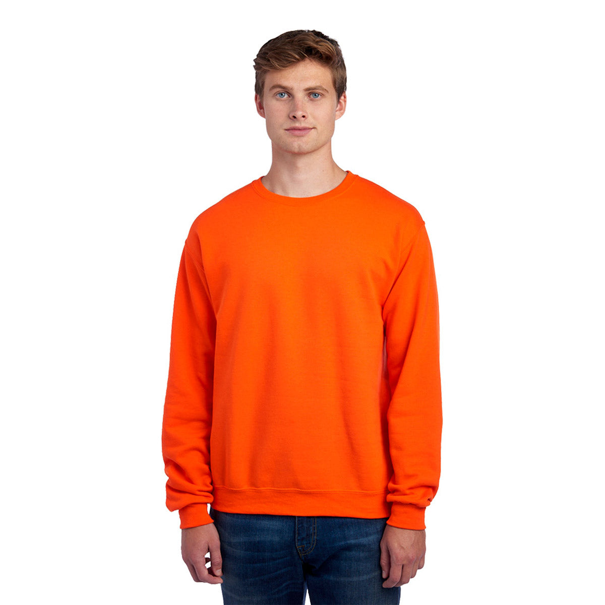 Man wearing a Jerzees NuBlend Adult Sweatshirt in burnt orange.