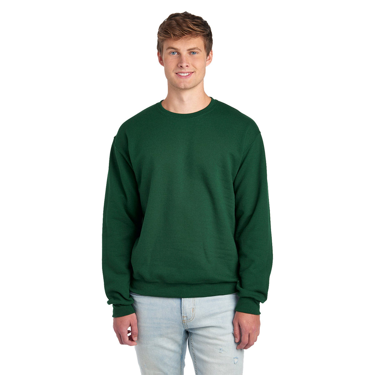 A man wearing a forest green Jerzees NuBlend Adult Sweatshirt against a white background.