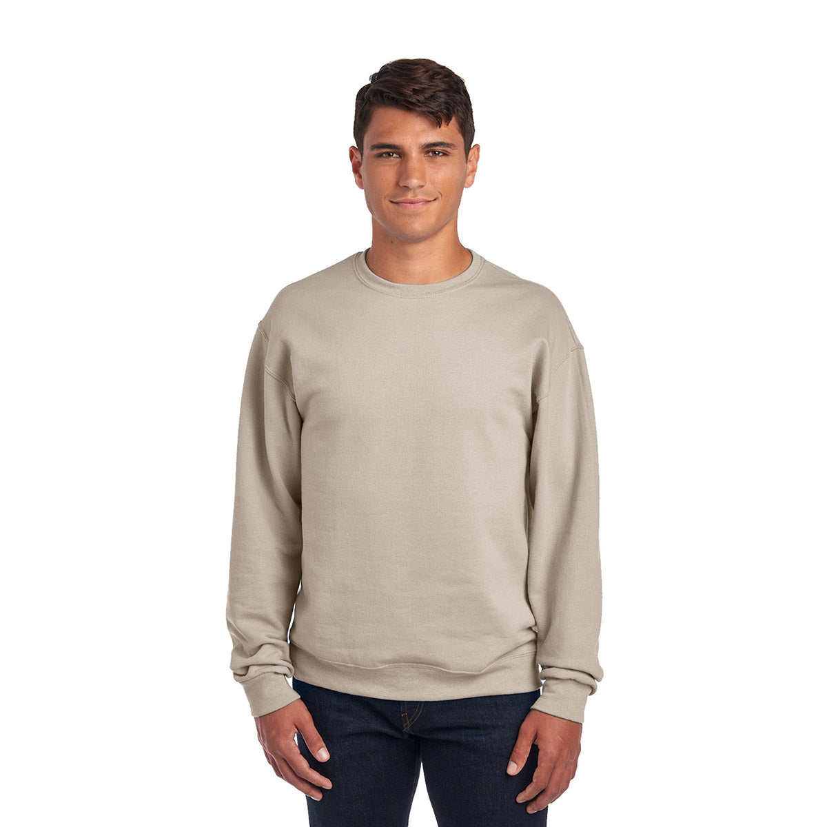 A man wearing a Sandstone Jerzees NuBlend Adult Sweatshirt against a plain white background.