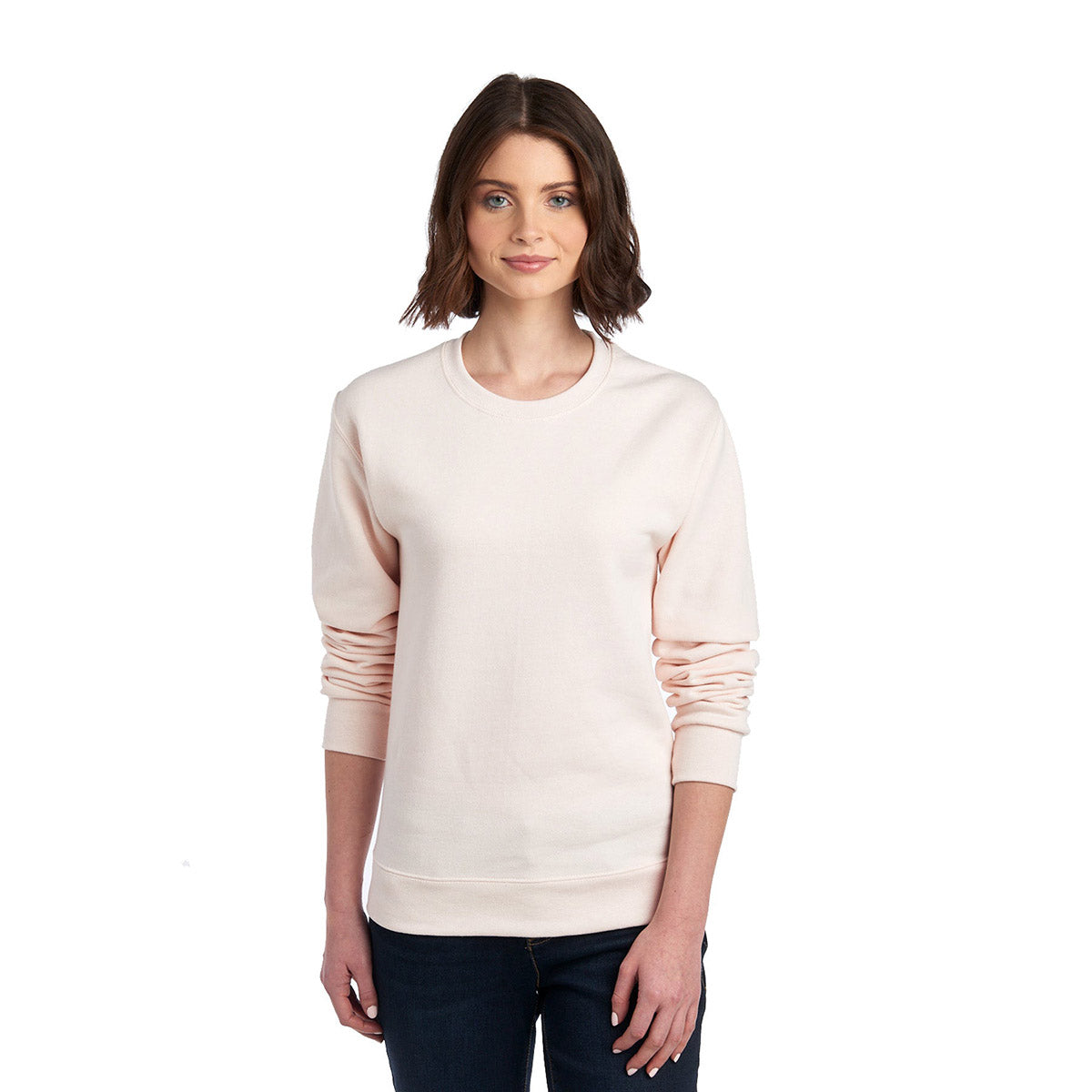 Model wearing a Jerzees NuBlend Adult Sweatshirt in Sweet Cream Heather.