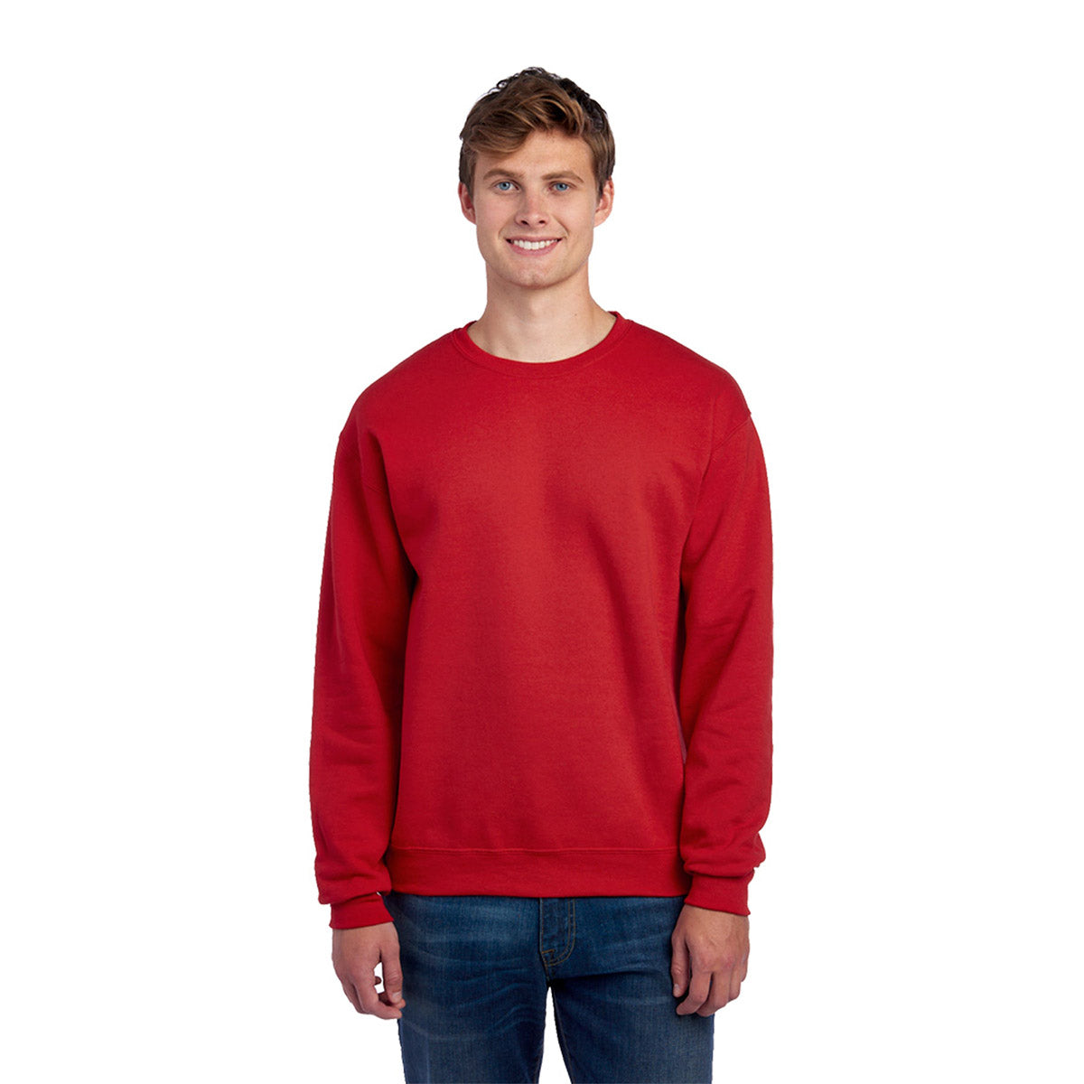 A man modeling a True Red Jerzees NuBlend Adult Sweatshirt against a white background.