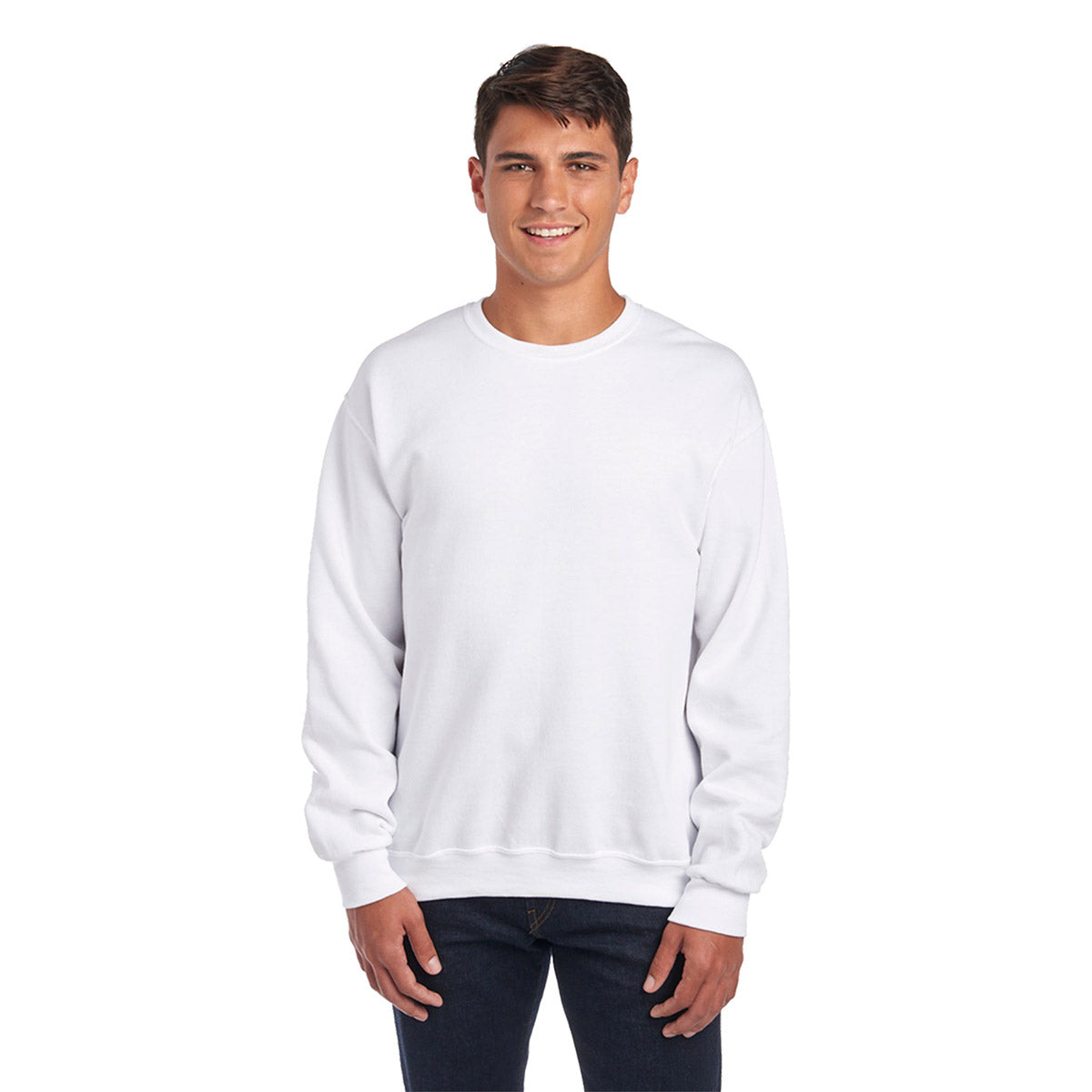 A man wearing a white Jerzees NuBlend® Adult Sweatshirt against a white background.