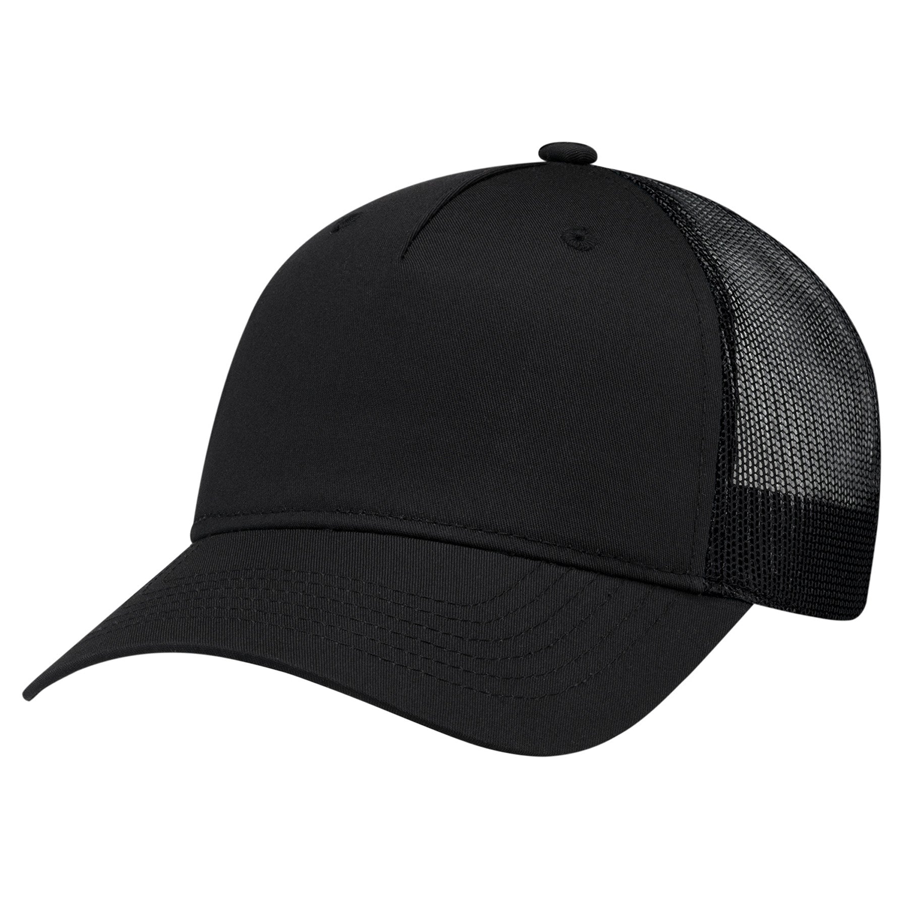 Black AJM 5-panel constructed mesh back hat with a solid front panel.