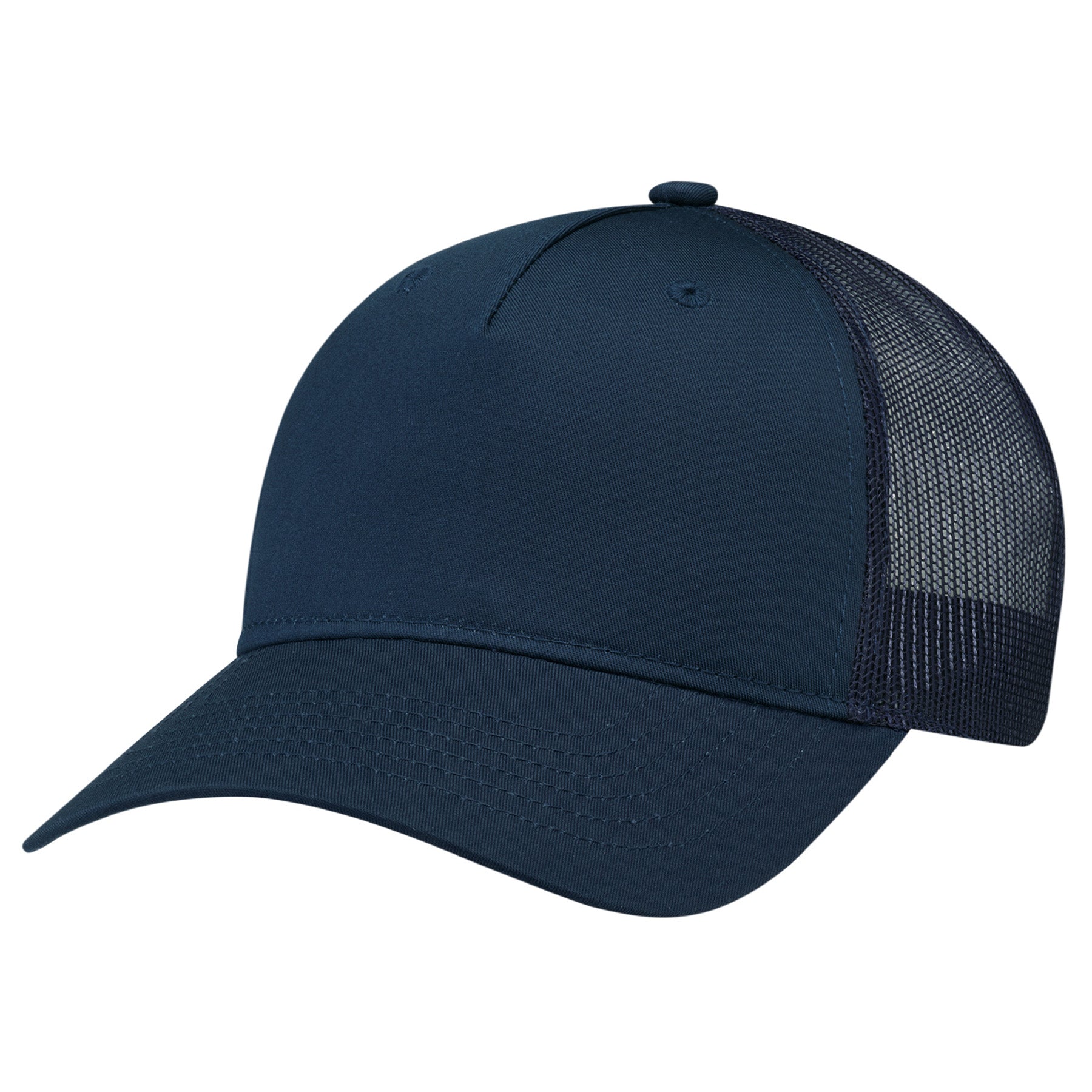 Navy blue AJM 5-panel constructed mesh-back cap with a solid front and breathable polyester mesh back.