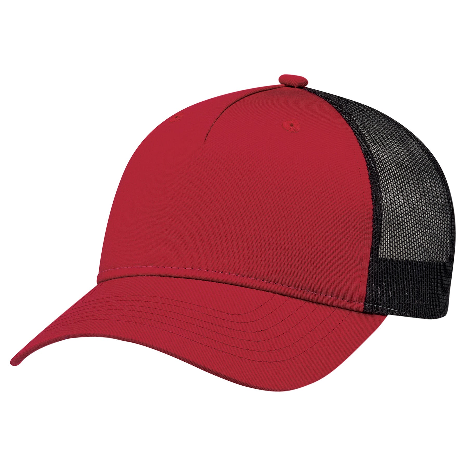 AJM 5-panel constructed mesh-back hat in red and black featuring a polycotton front and polyester mesh side panels.