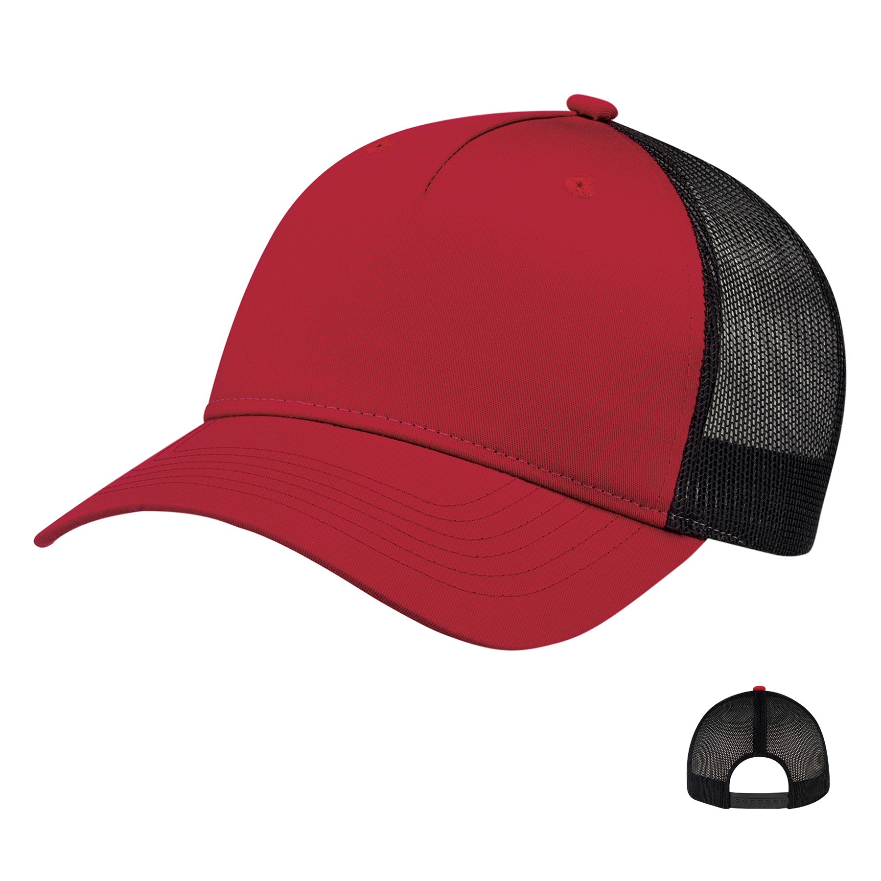 AJM 5 Panel constructed full-fit-five cap in red and black with a mesh back.