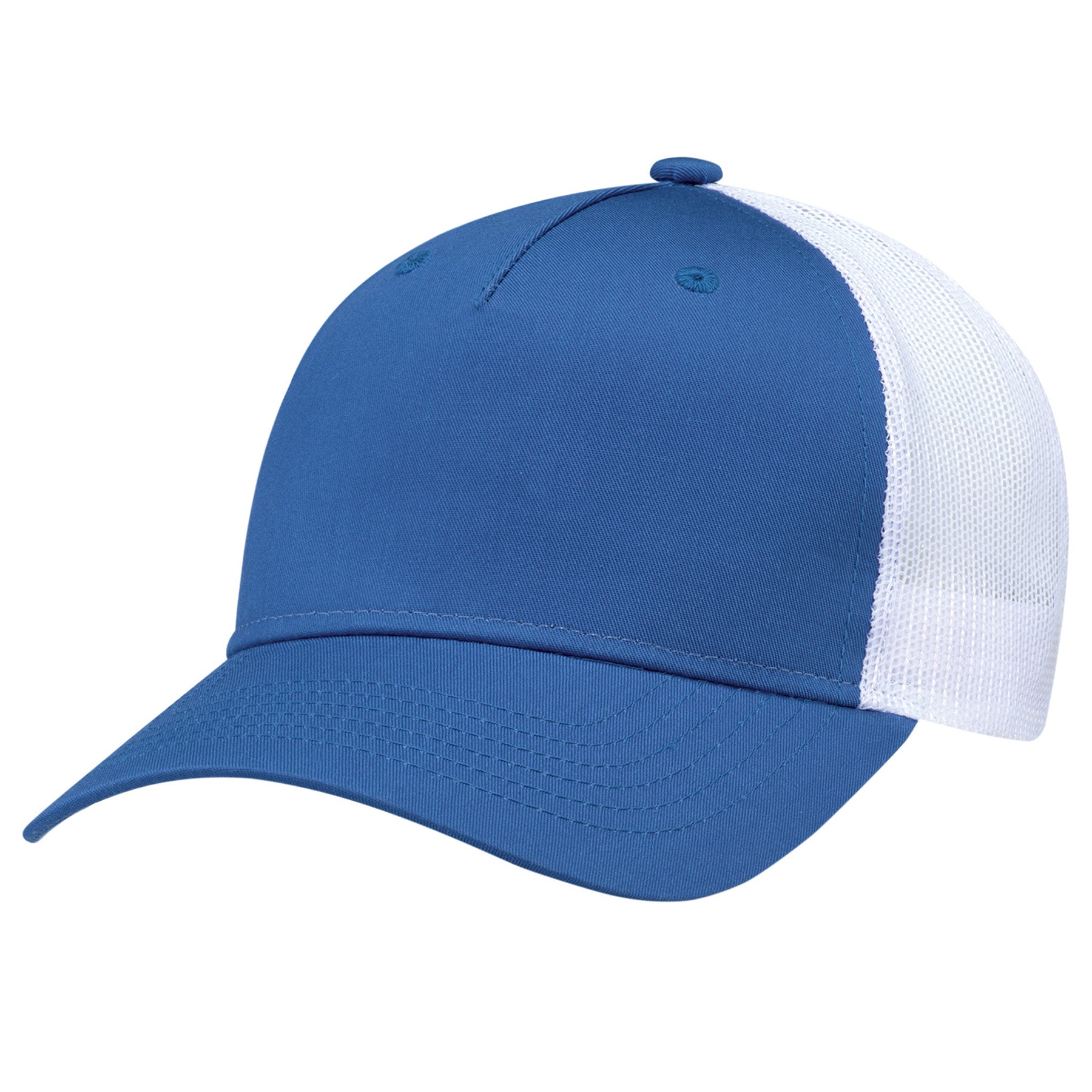 AJM 5-panel trucker hat in royal blue and white with a polyester mesh back and constructed full-fit design.