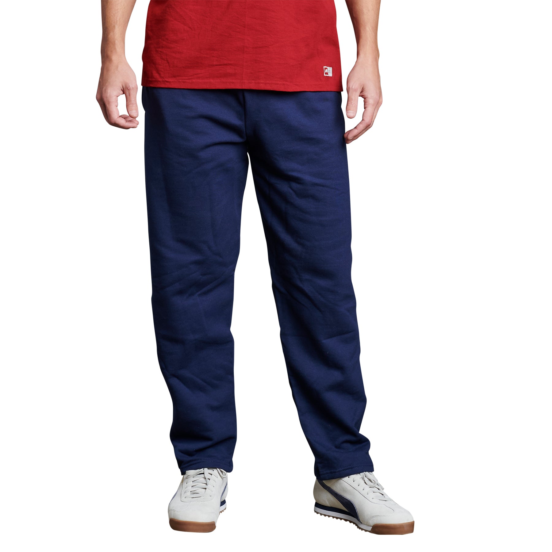 Russell Athletic DRI-POWER adult navy blue open-bottom fleece sweatpants with side pockets.