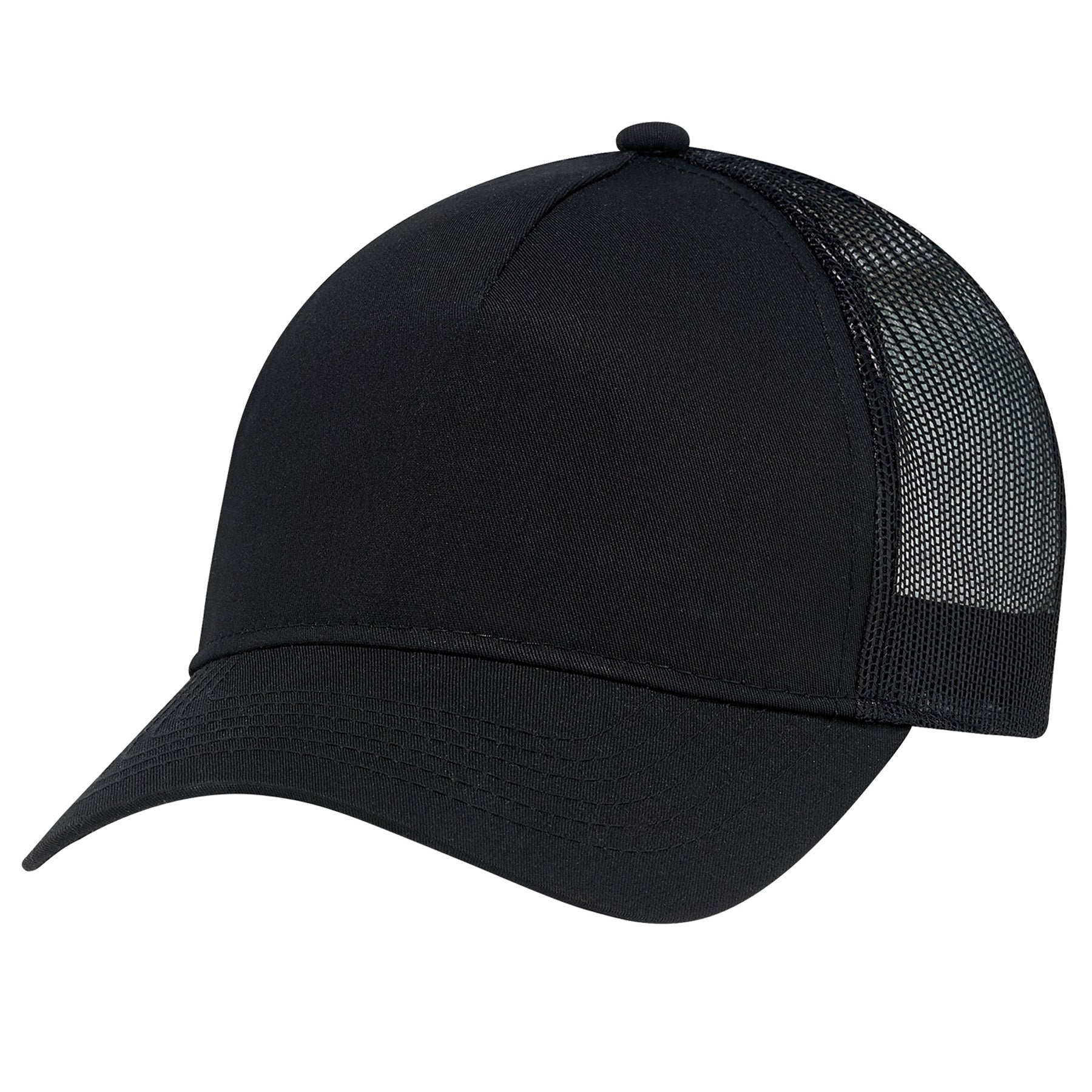 AJM women's 5-panel constructed hat in black with a breathable polyester mesh back.