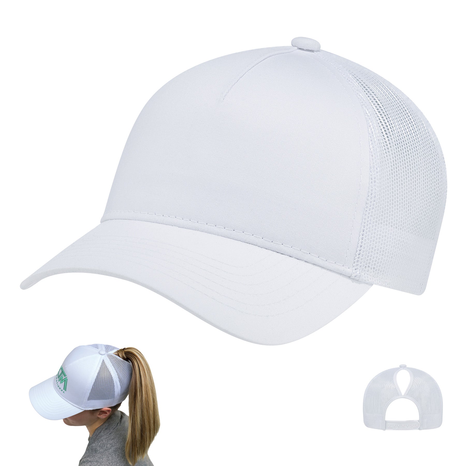 AJM Women's 5-Panel White Mesh Back Cap with a ponytail opening.