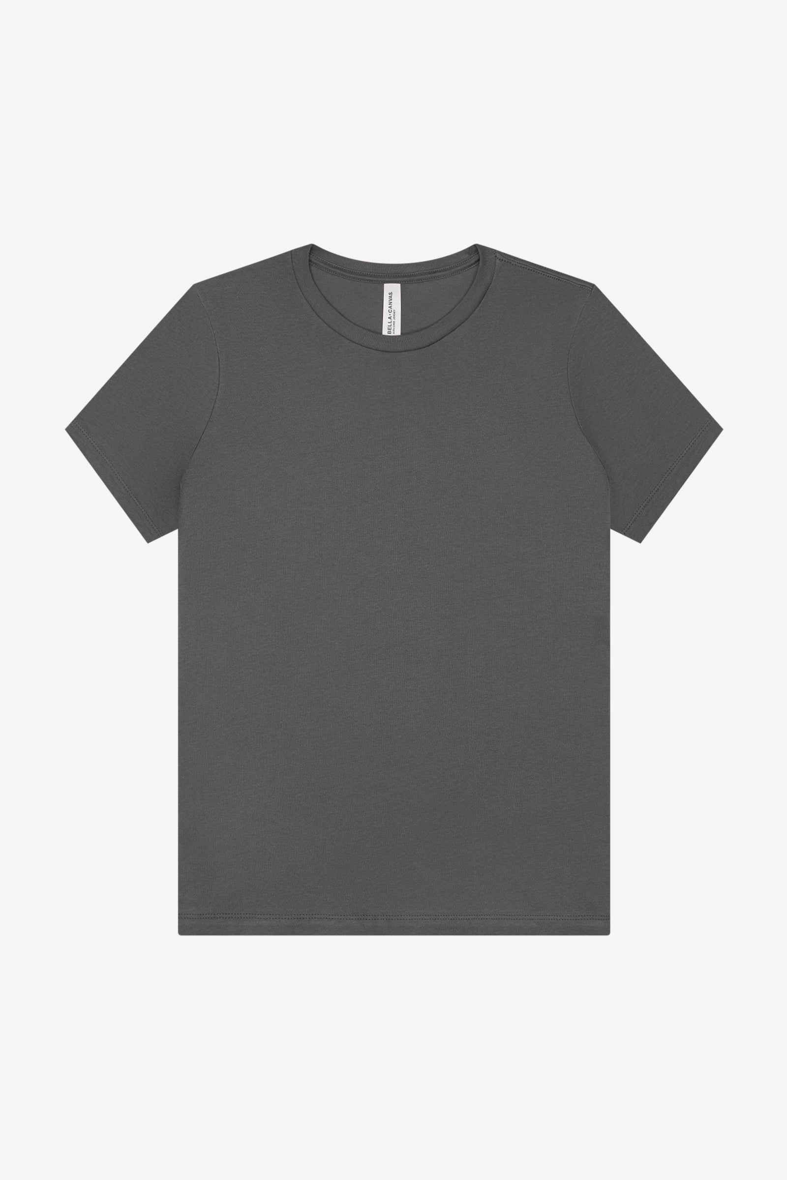 Bella+Canvas Women's Relaxed Jersey Short Sleeve Tee in asphalt, a solid dark gray casual crewneck t-shirt.