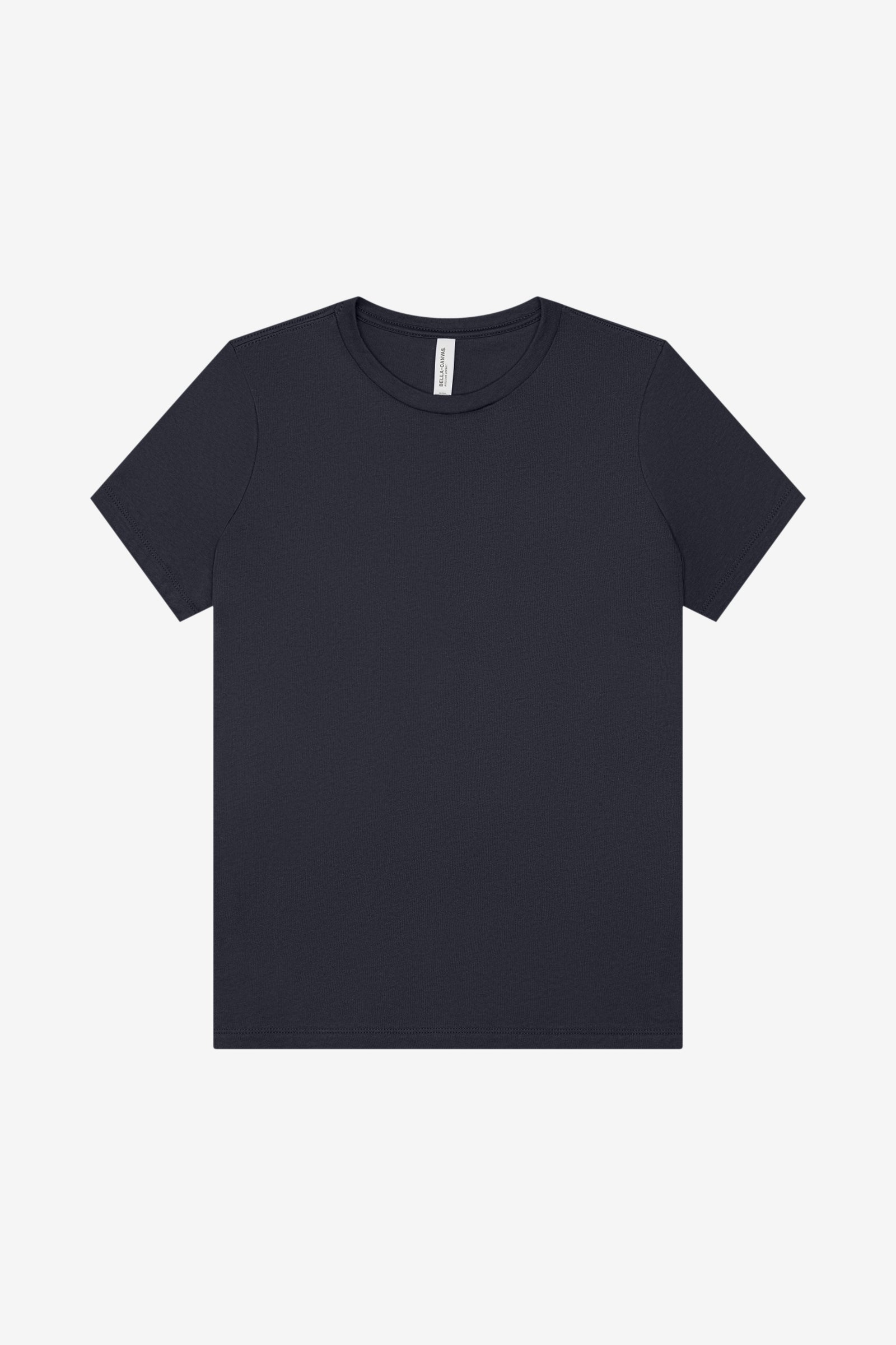 Bella+Canvas Women's Relaxed Jersey Short Sleeve Tee in navy, displayed as a flat-lay crewneck t-shirt.