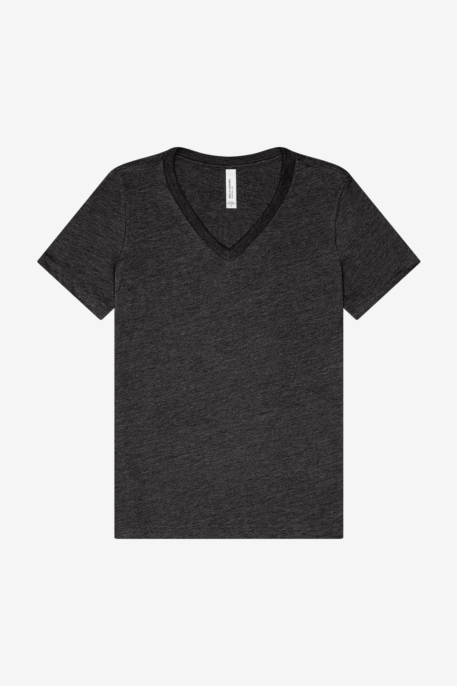 Bella+Canvas women's relaxed Heather CVC short sleeve V-neck tee in dark grey heather.