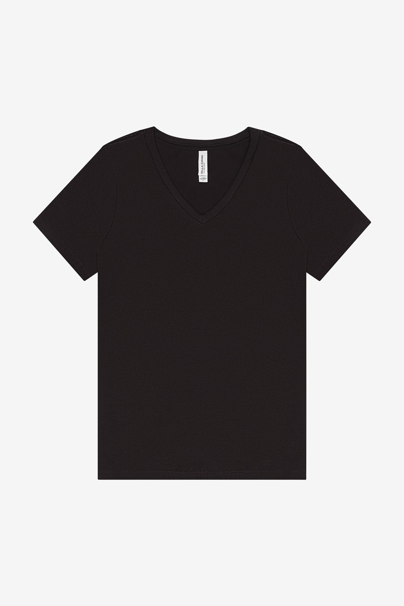 Bella+Canvas Women's Relaxed Jersey short sleeve V-neck T-shirt in black.